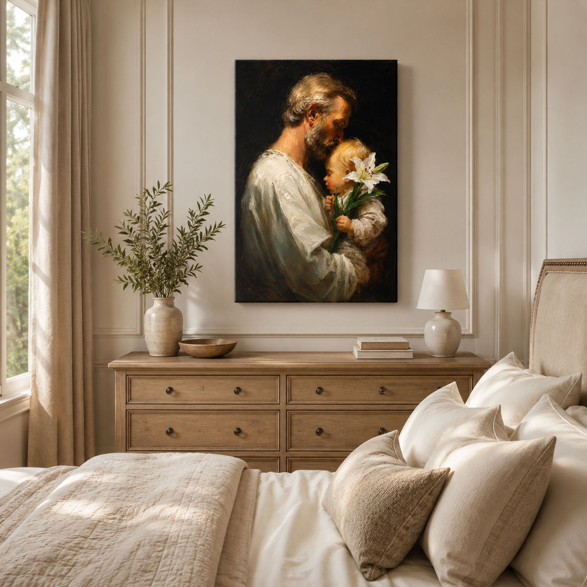 Saint Joseph with Child Jesus Canvas Print, Gentle Catholic Faith Decor