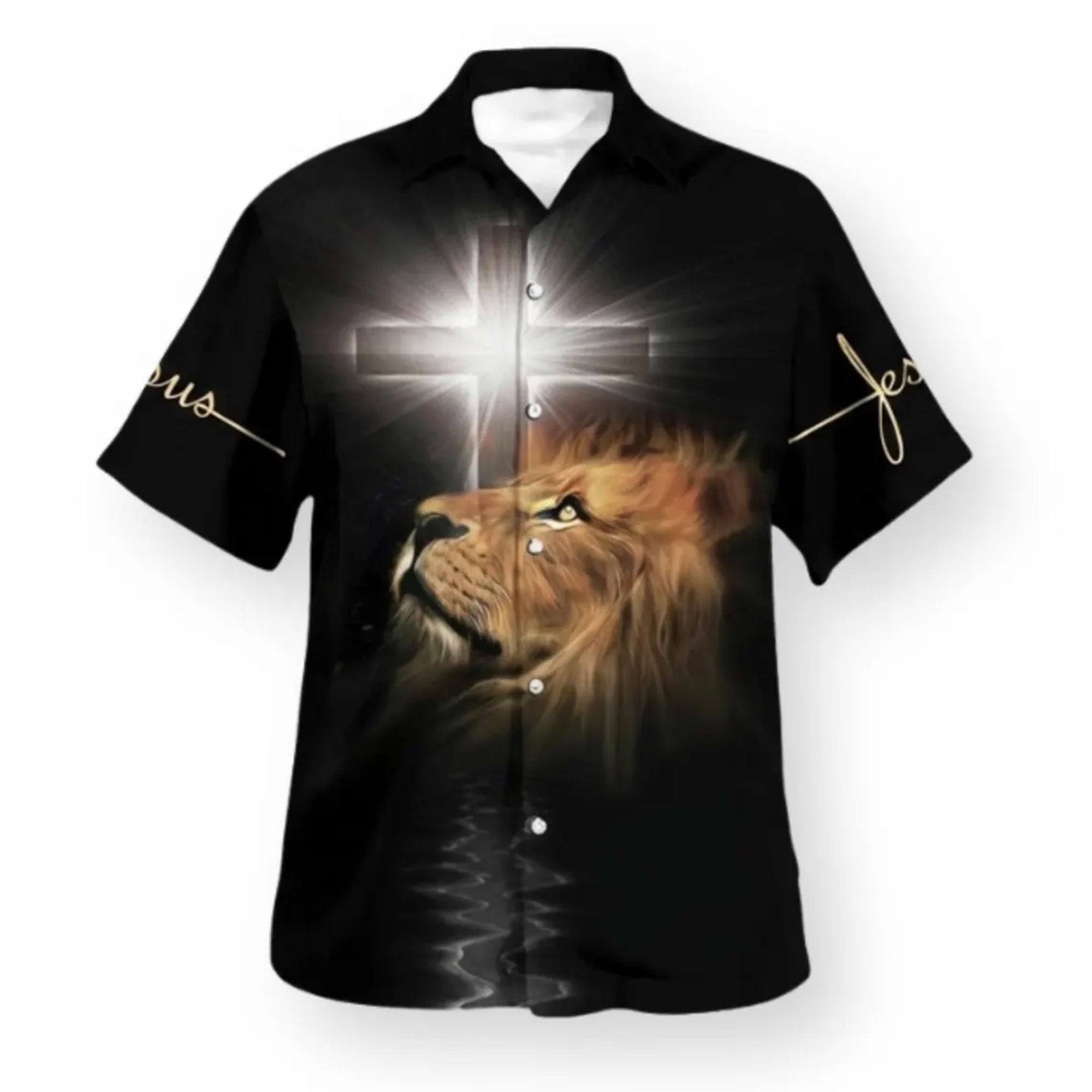 Christian Lion Cross Hawaiian Shirt, John 1:5 Bible Verse Aloha Shirt, Faith Summer Shirt
