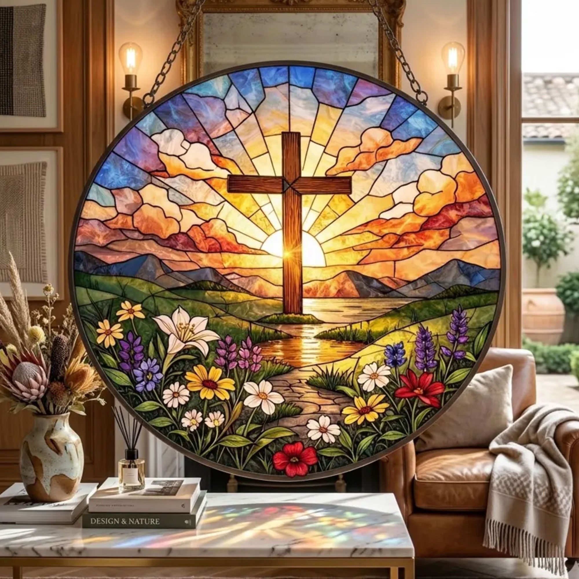 Christian Cross Stained Glass Suncatcher, Sunrise Floral Window Decor, Religious Faith Art Gift