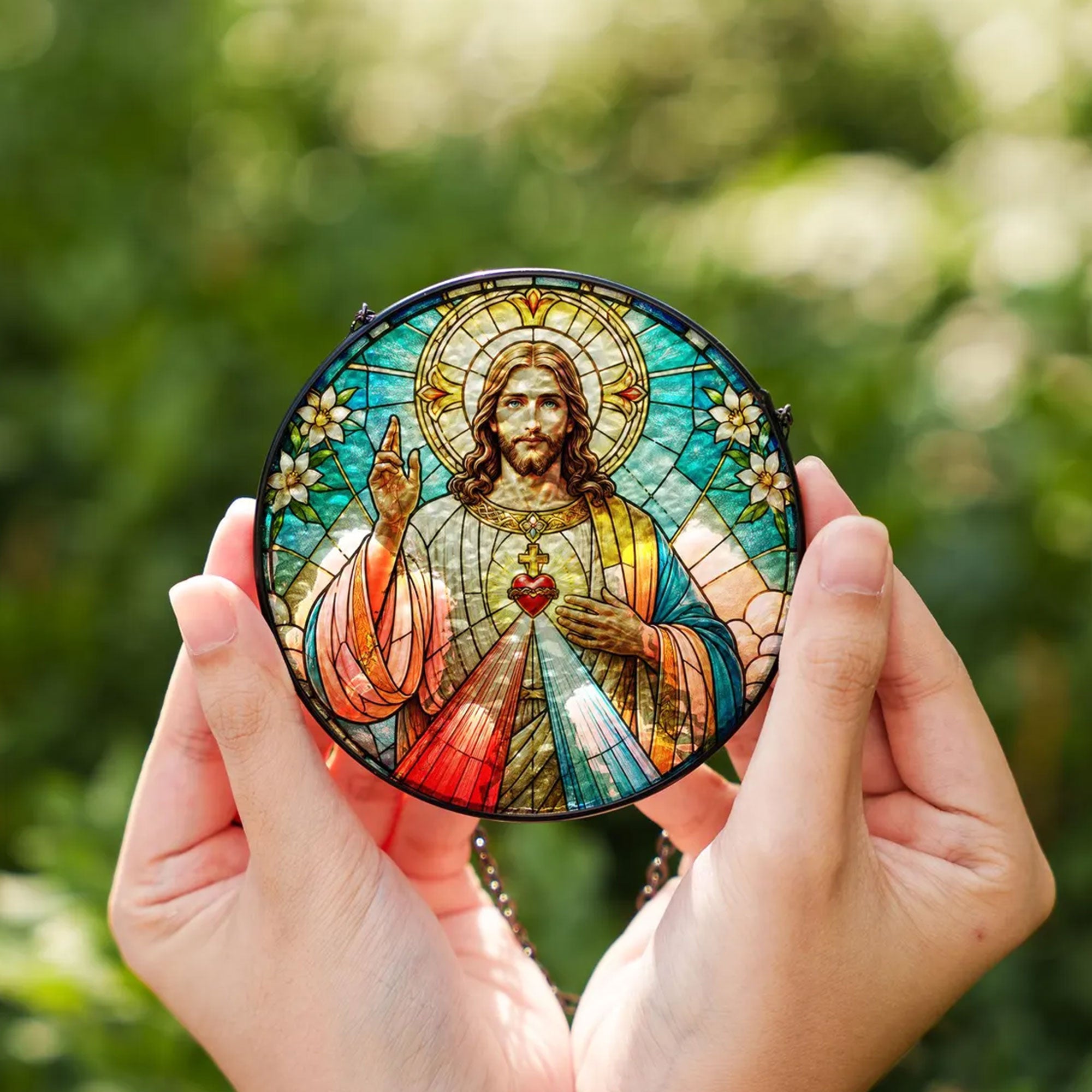 Divine Mercy Jesus Suncatcher, Sacred Heart Catholic Window Hanging, Christian Faith Gift