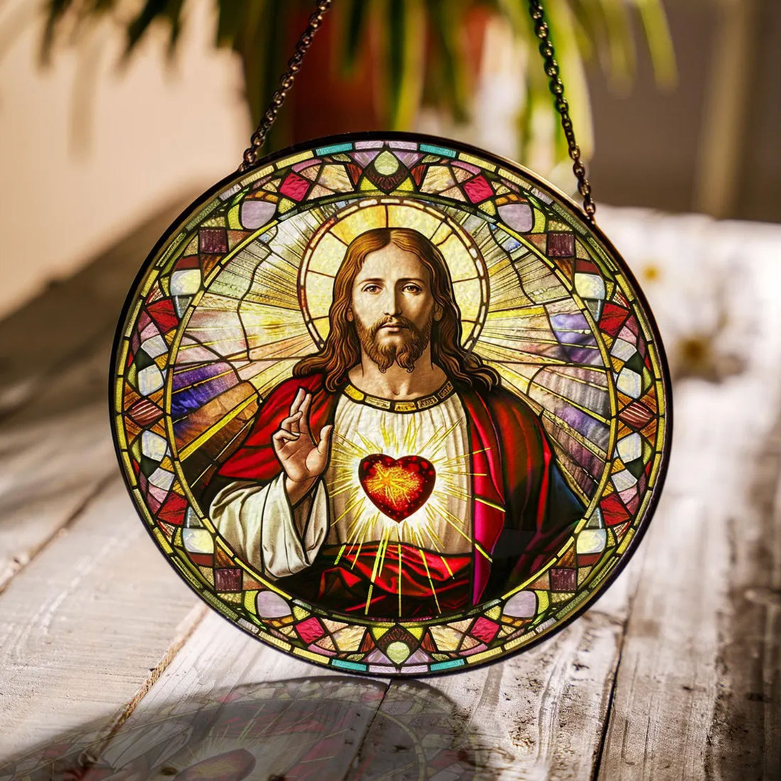 Sacred Heart of Jesus Stained Glass Suncatcher, Catholic Window Hanging Decor, Christian Religious Faith Gift