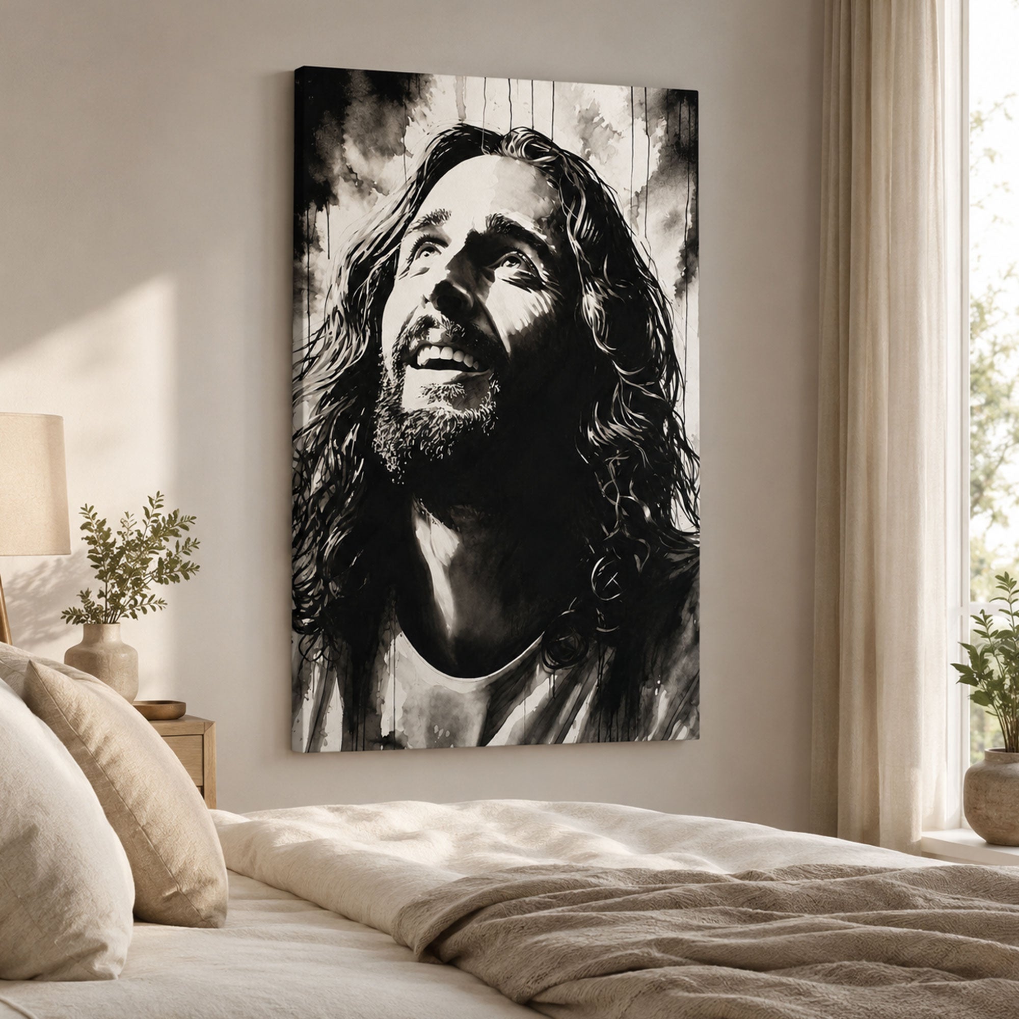 Smiling Jesus Portrait Canvas Print, Black White Christian Wall Art, Faith Home Decor