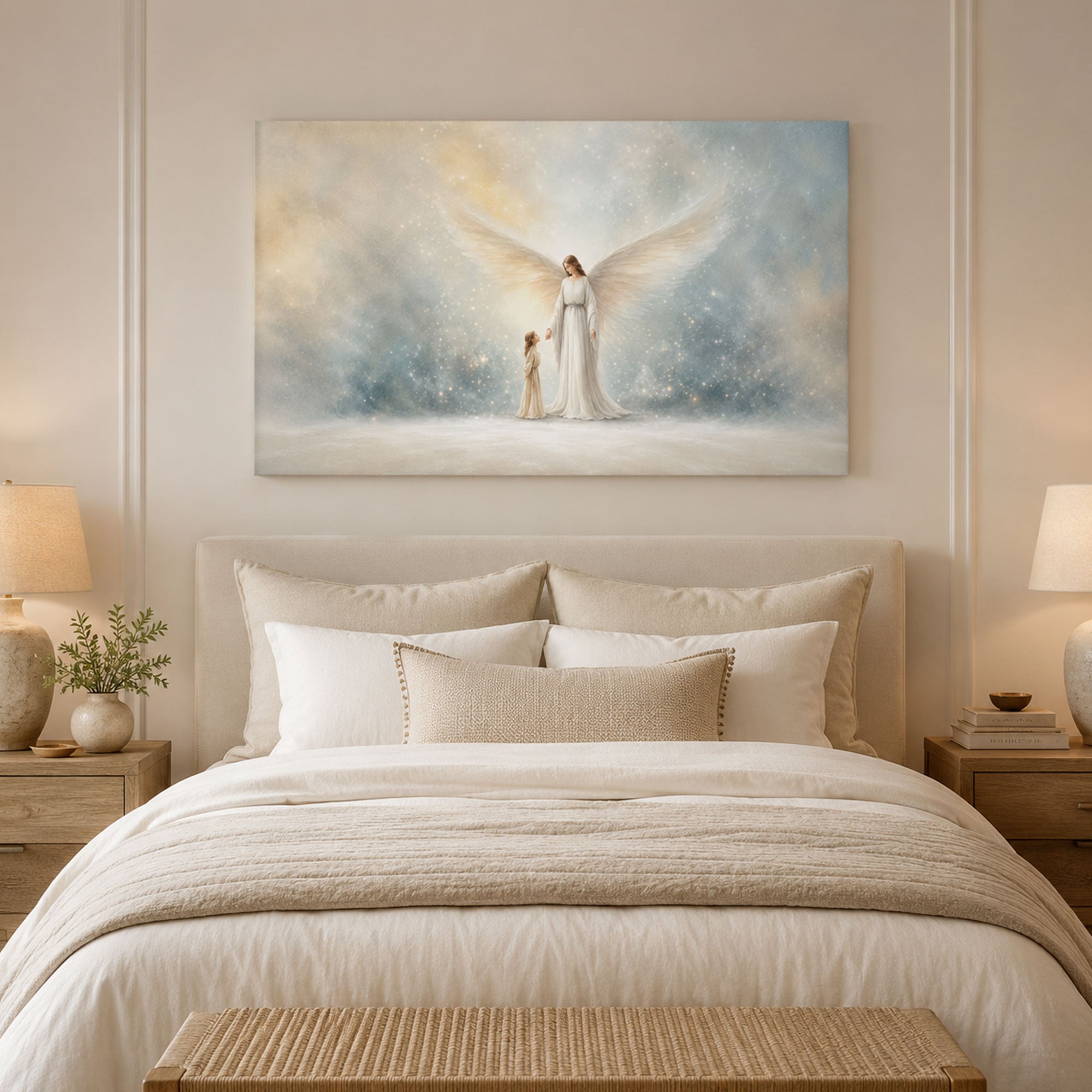 Guardian Angel with Child Panoramic Canvas Print, Christian Angel Wall Art, Faith Home Decor Gift