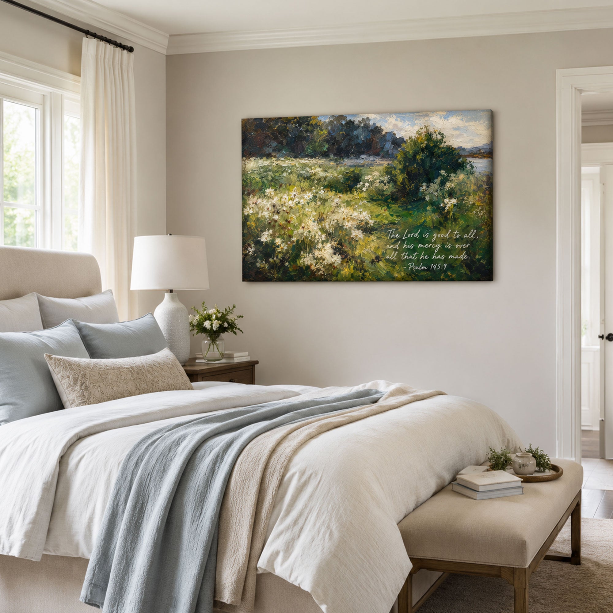 The Lord Is Good to All Canvas Print, Peaceful Psalm 145:9 Christian Decor