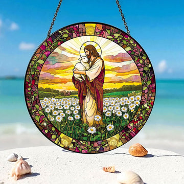 Jesus Holding Lamb Stained Glass Suncatcher, Floral Christian Window Hanging, Faith Home Decor