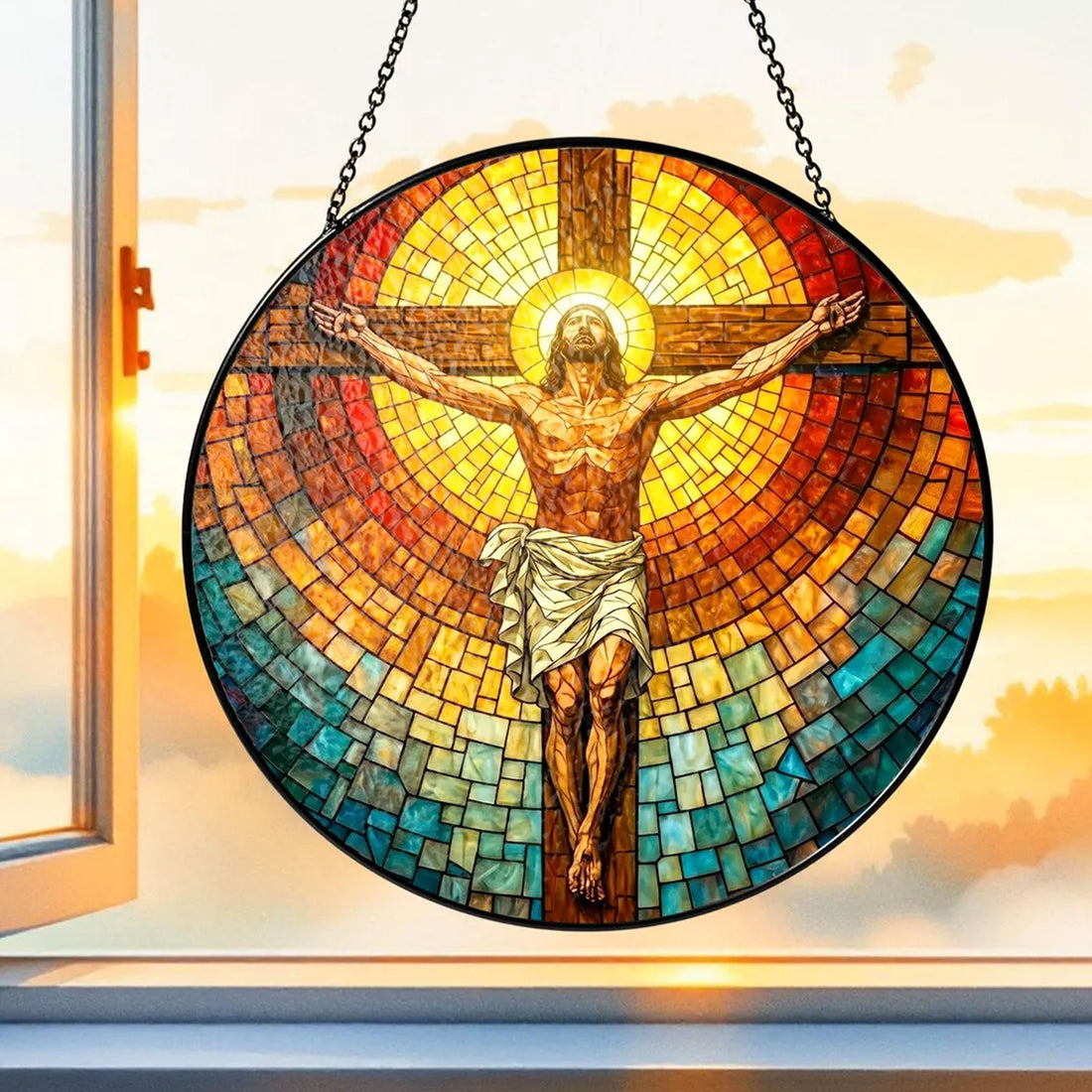 Jesus Crucifix Stained Glass Suncatcher, Christian Window Hanging, Cross Decor Gift for Home