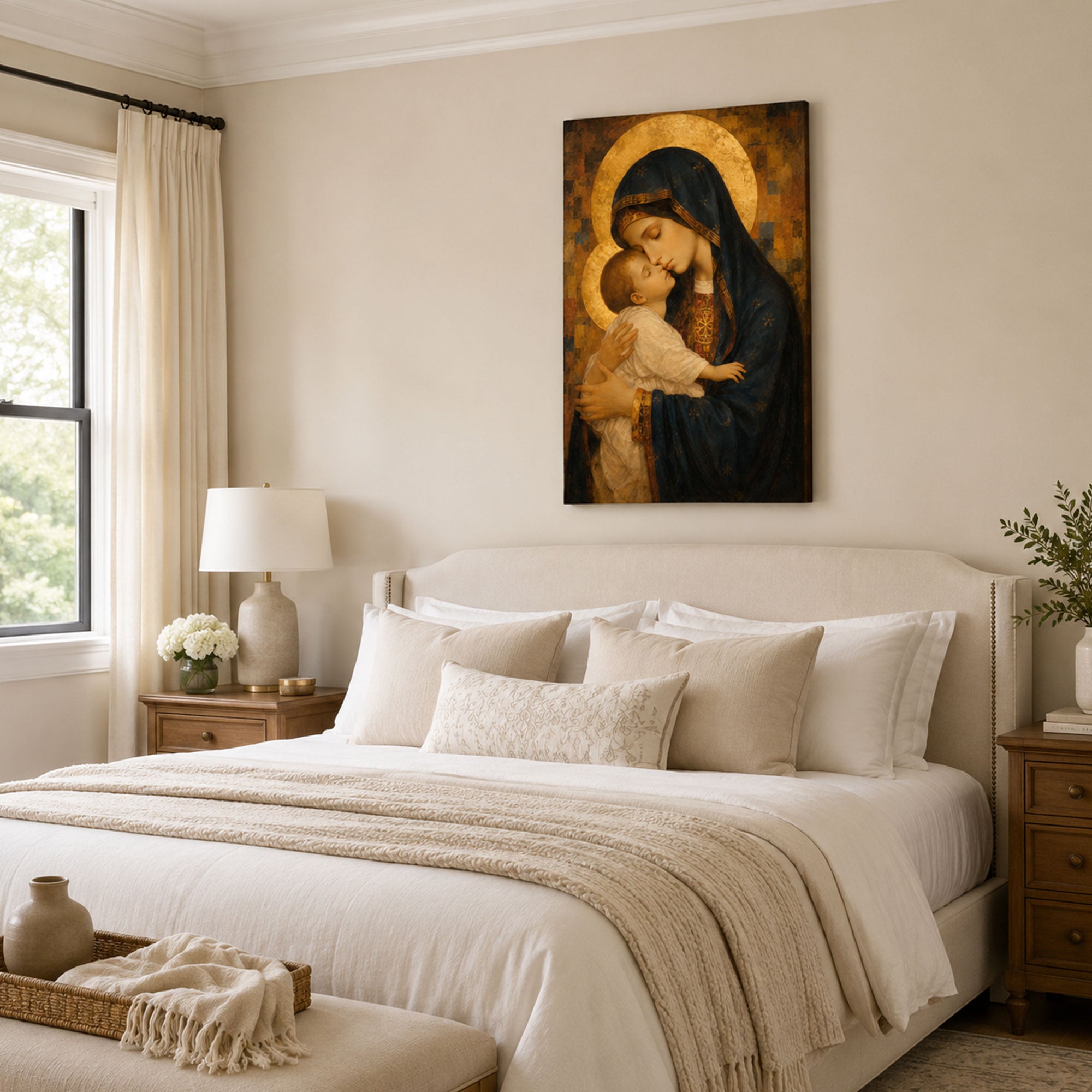 Virgin Mary Holding Baby Jesus Canvas Print, Christian Home Decor