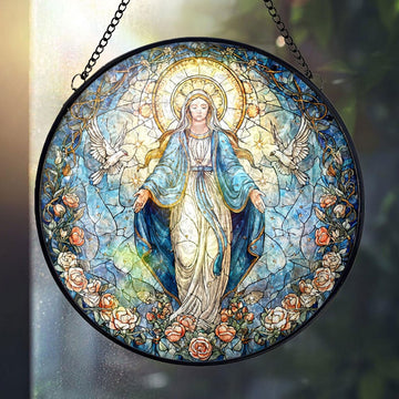 Our Lady of Grace Stained Glass Suncatcher, Virgin Mary Round Window Hanging, Catholic Blue Rose Halo Decor, Faith Gift