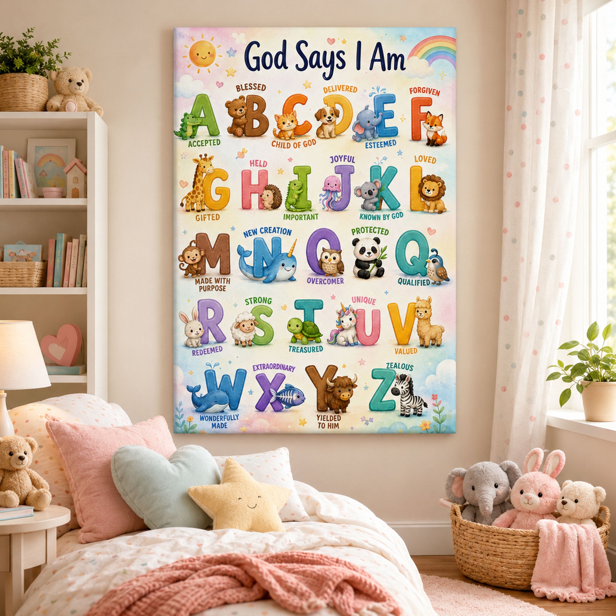 God Says I Am ABC Christian Kids Wall Art Nursery Bible Affirmation Canvas Print