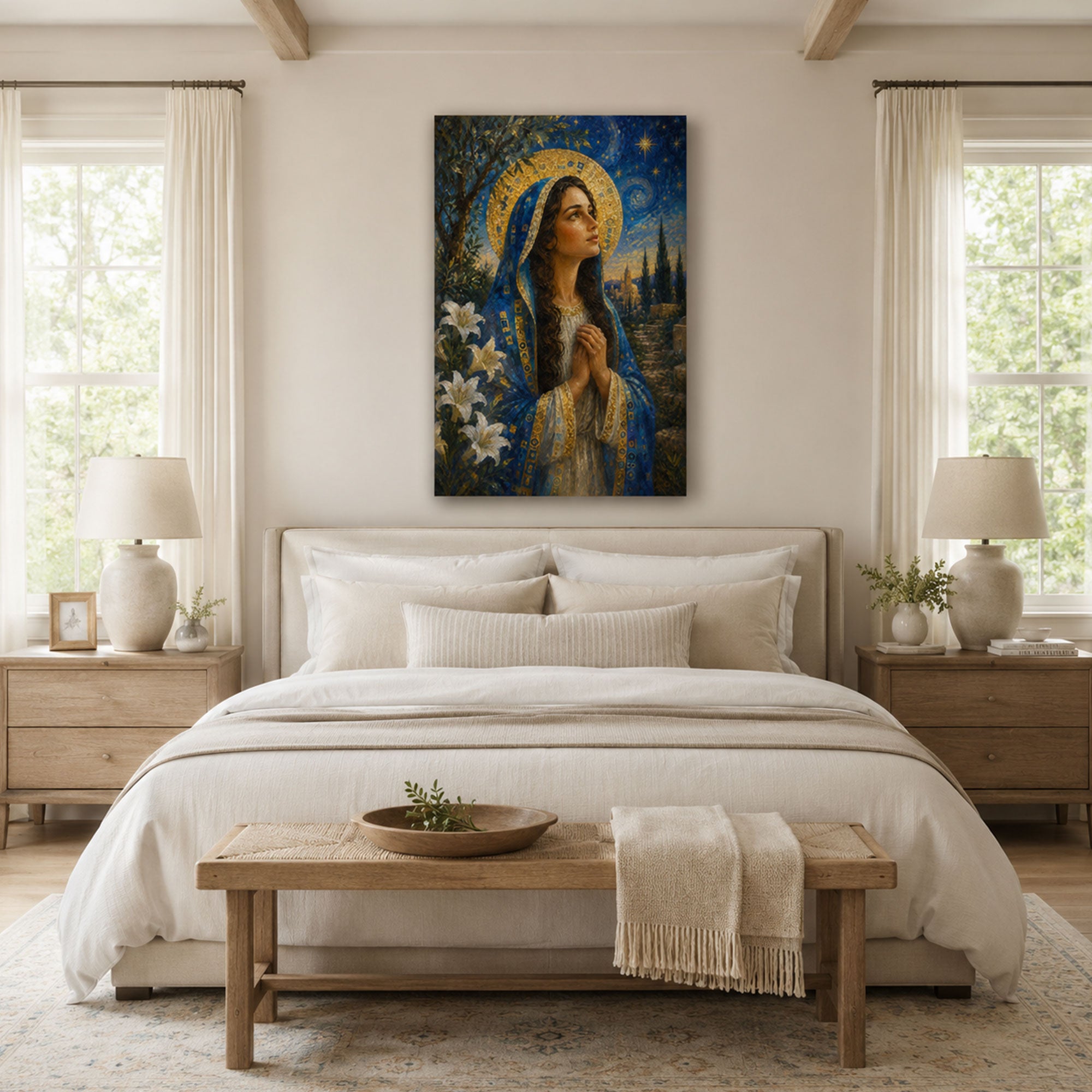 Mary Magdalene Prayer Canvas Print, Blue and Gold Catholic Home Decor