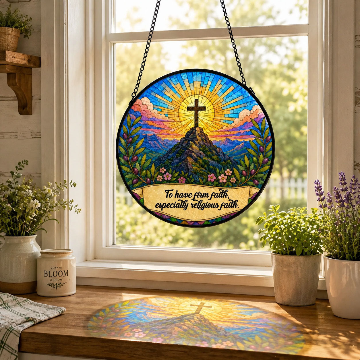 Firm Faith Christian Cross Suncatcher, Mountain Sunrise Window Hanging, Inspirational Religious Gift