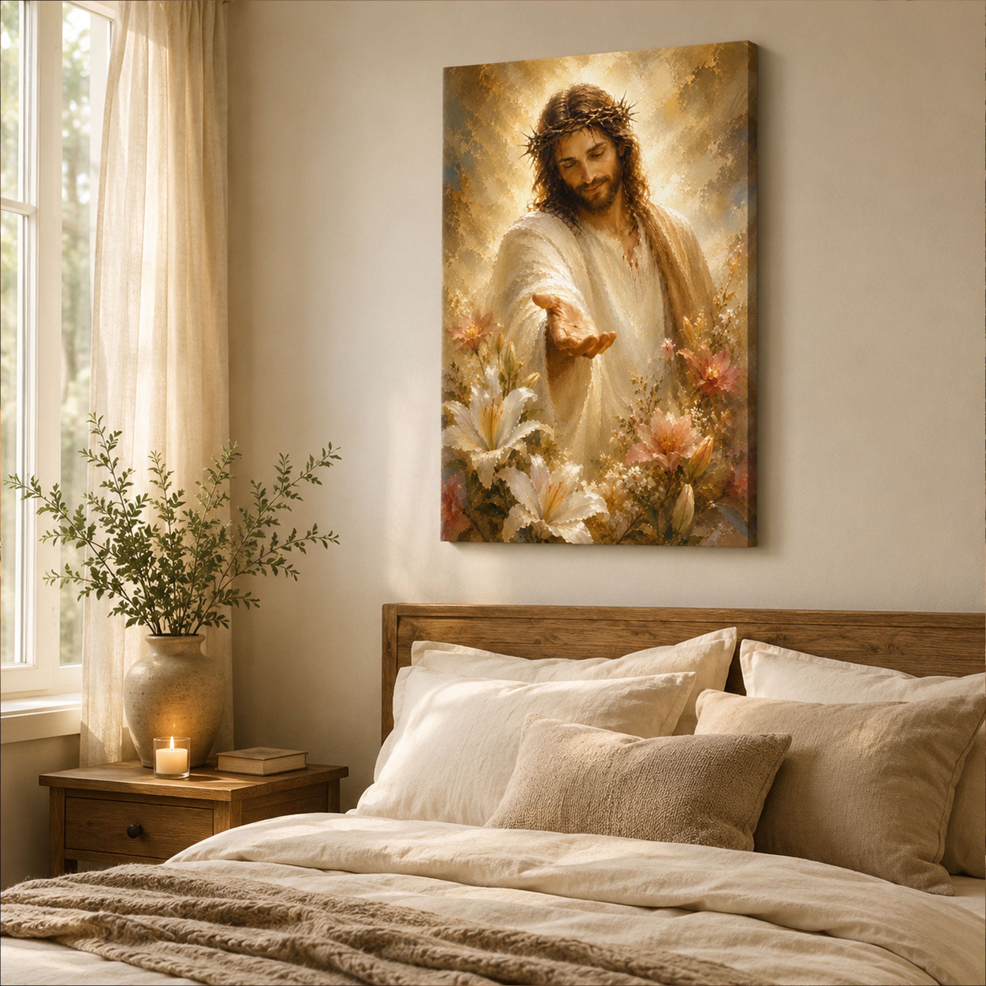 Jesus Reaching Out Canvas Print, Crown of Thorns Christian Wall Art, Floral Faith Home Decor