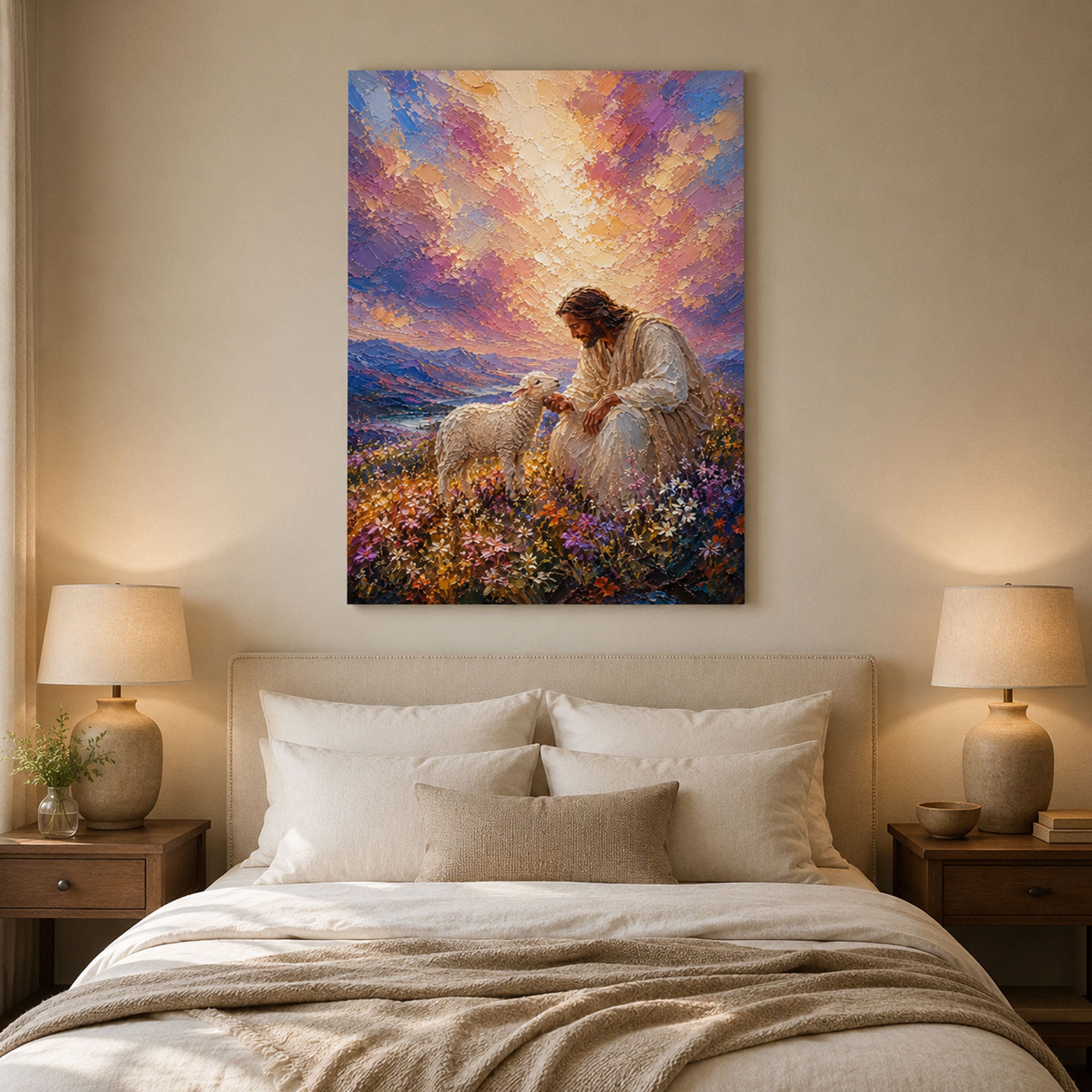 Good Shepherd Jesus Canvas Print, Jesus with Lamb Wall Art, Peaceful Christian Artwork, Religious Home Decor