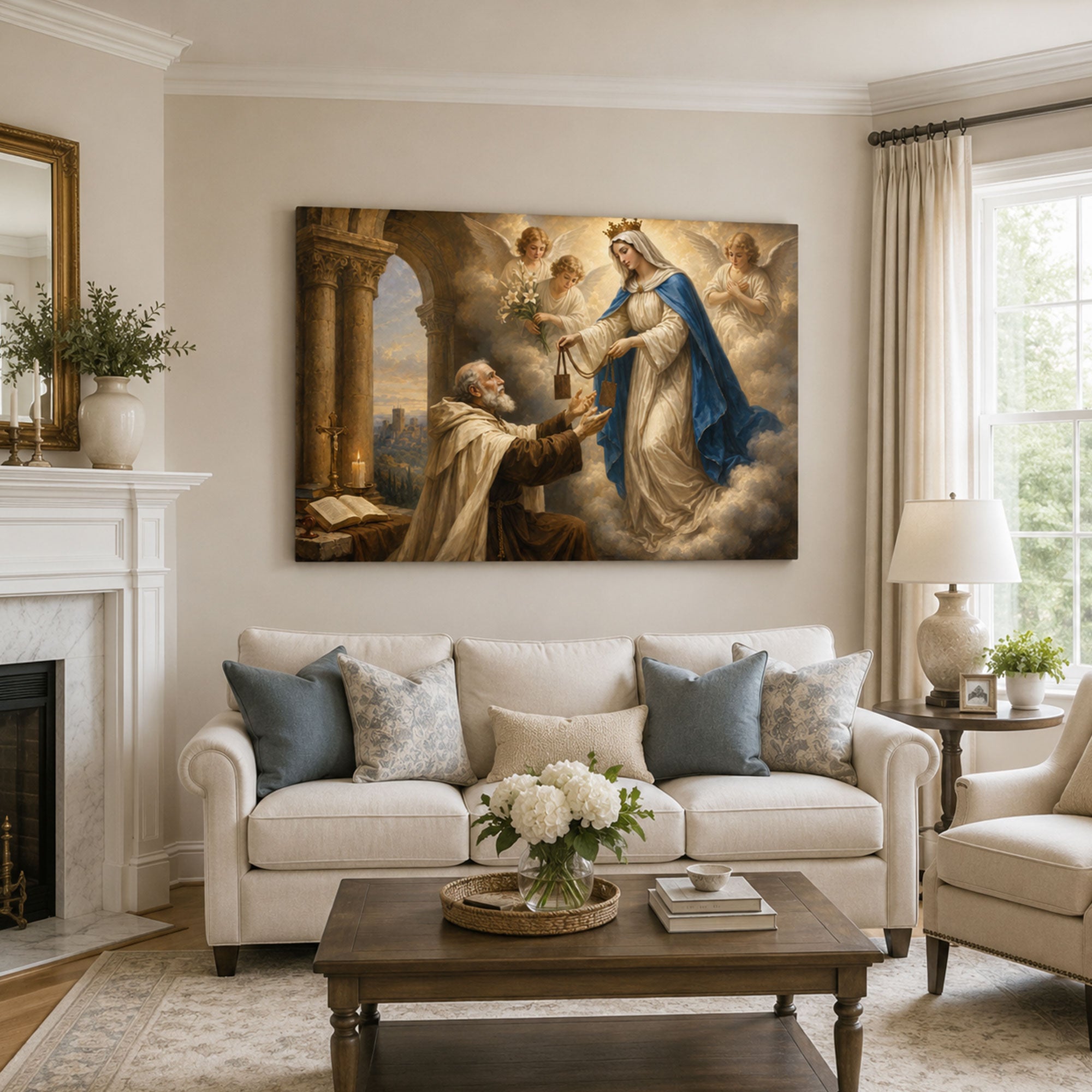 Our Lady of Mount Carmel Canvas Print, Virgin Mary Brown Scapular Catholic Wall Art, Faith Home Decor Gift