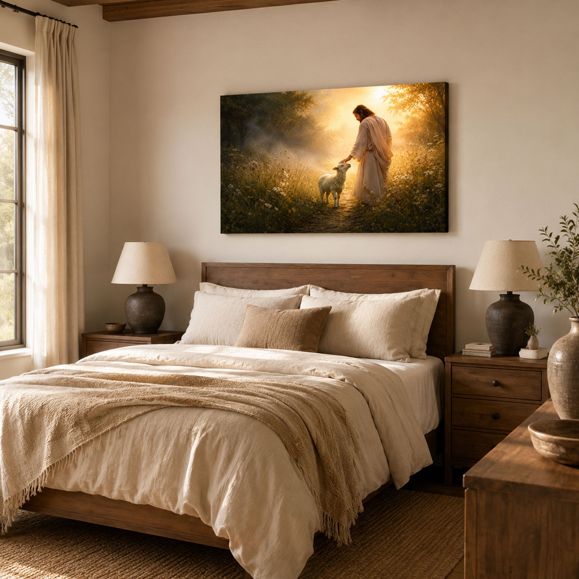 Good Shepherd with Lamb Panoramic Canvas Print, Jesus Christian Wall Art, Faith Home Decor Gift