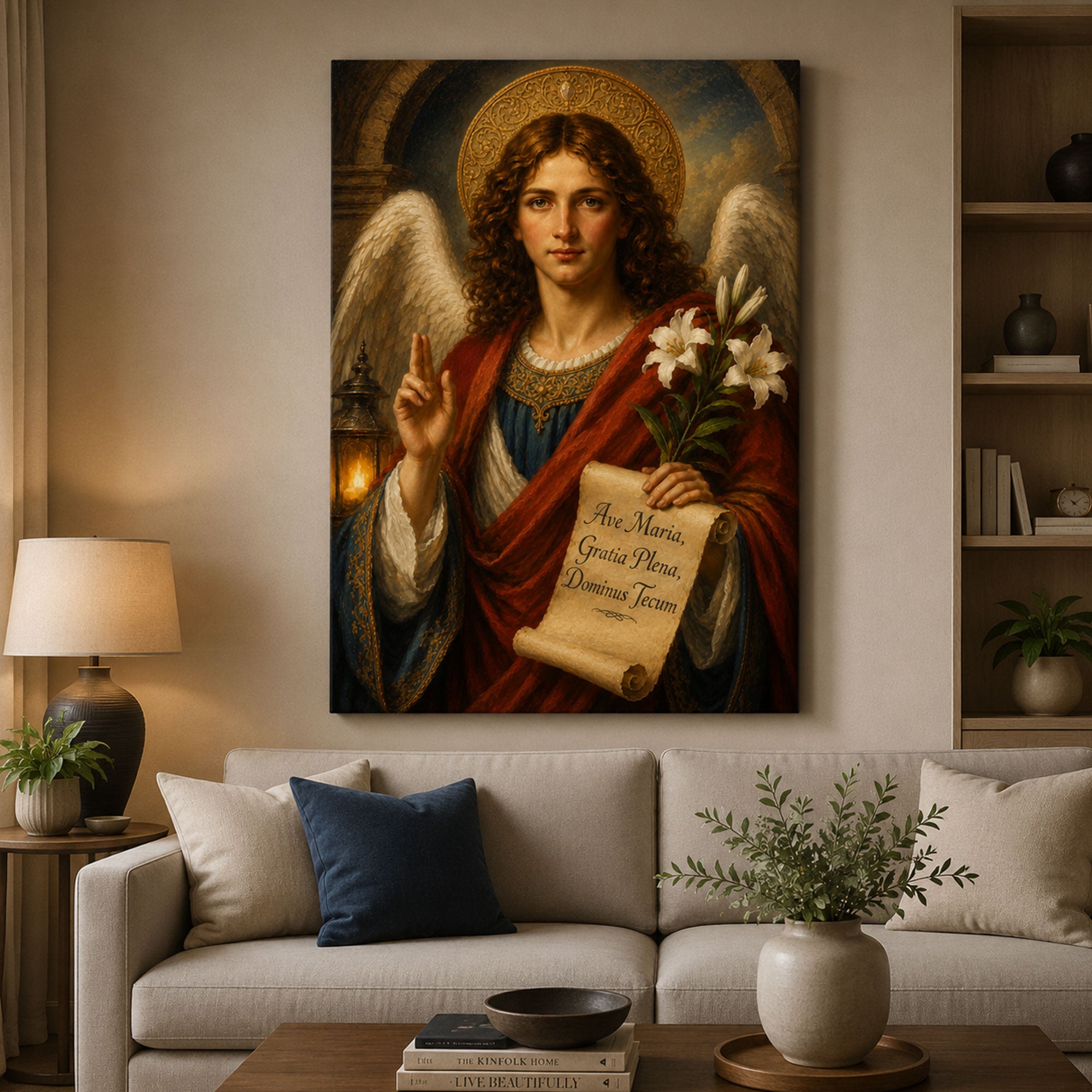 Archangel Gabriel Ave Maria Canvas Print, Catholic Angel Wall Art, Faith Home Decor Gift