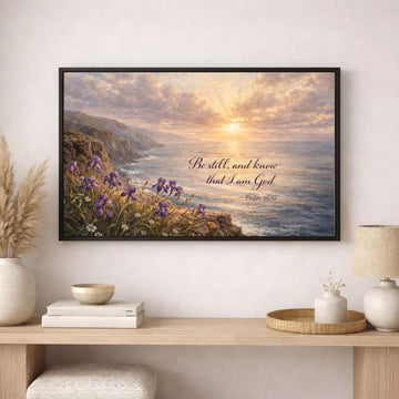 Psalm 46:10 Be Still and Know Canvas Print, Christian Ocean Cliff Wall Art, Coastal Landscape Bible Verse Decor Gift