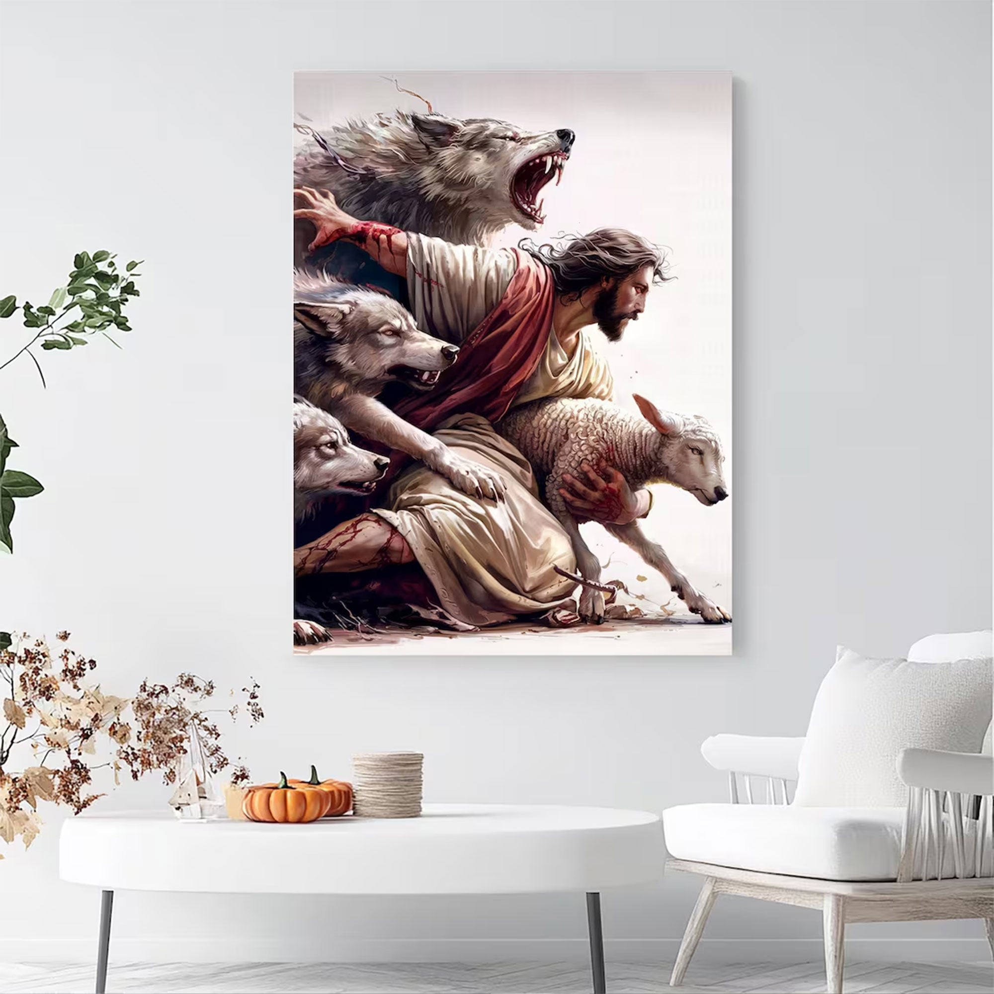 Jesus Good Shepherd Canvas Print, Christian Wall Art, Jesus Protecting Lamb, Religious DecorJesus Good Shepherd Canvas Print, Christian Wall Art, Jesus Protecting Lamb, Religious Decor