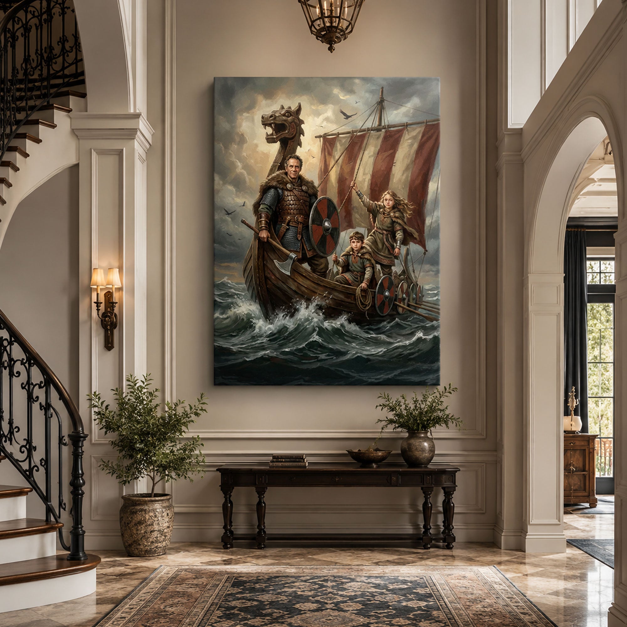Personalized Viking Family Canvas Print, Custom Dad and Kids Norse Warrior Wall Art, Father’s Day Gift