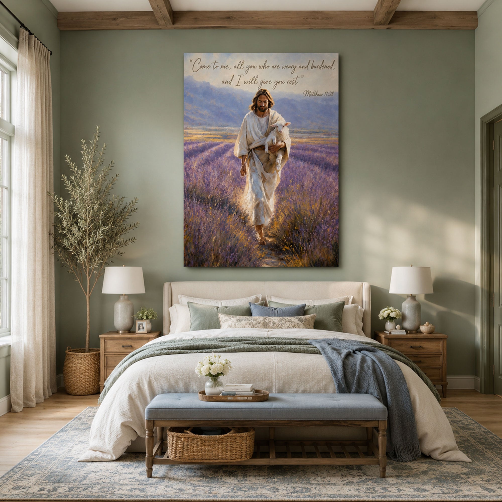 Come to Me All Who Are Weary Canvas Print, Jesus Carrying Lamb Christian Wall Art, Matthew 11 28 Faith Decor