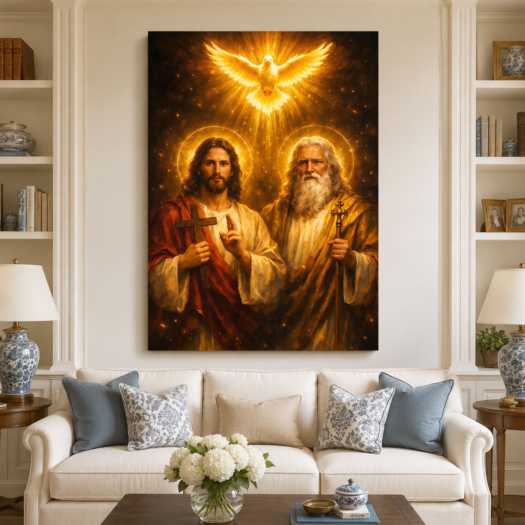 Holy Trinity Canvas Print, Jesus Christ God the Father and Holy Spirit Dove Christian Wall Art, Catholic Religious Home Decor
