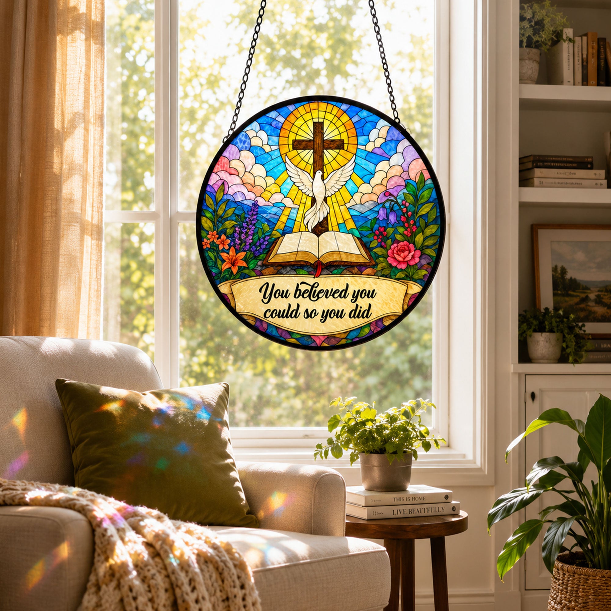 Christian Cross and Dove Suncatcher, Inspirational Faith Window Hanging, You Believed You Could So You Did Gift