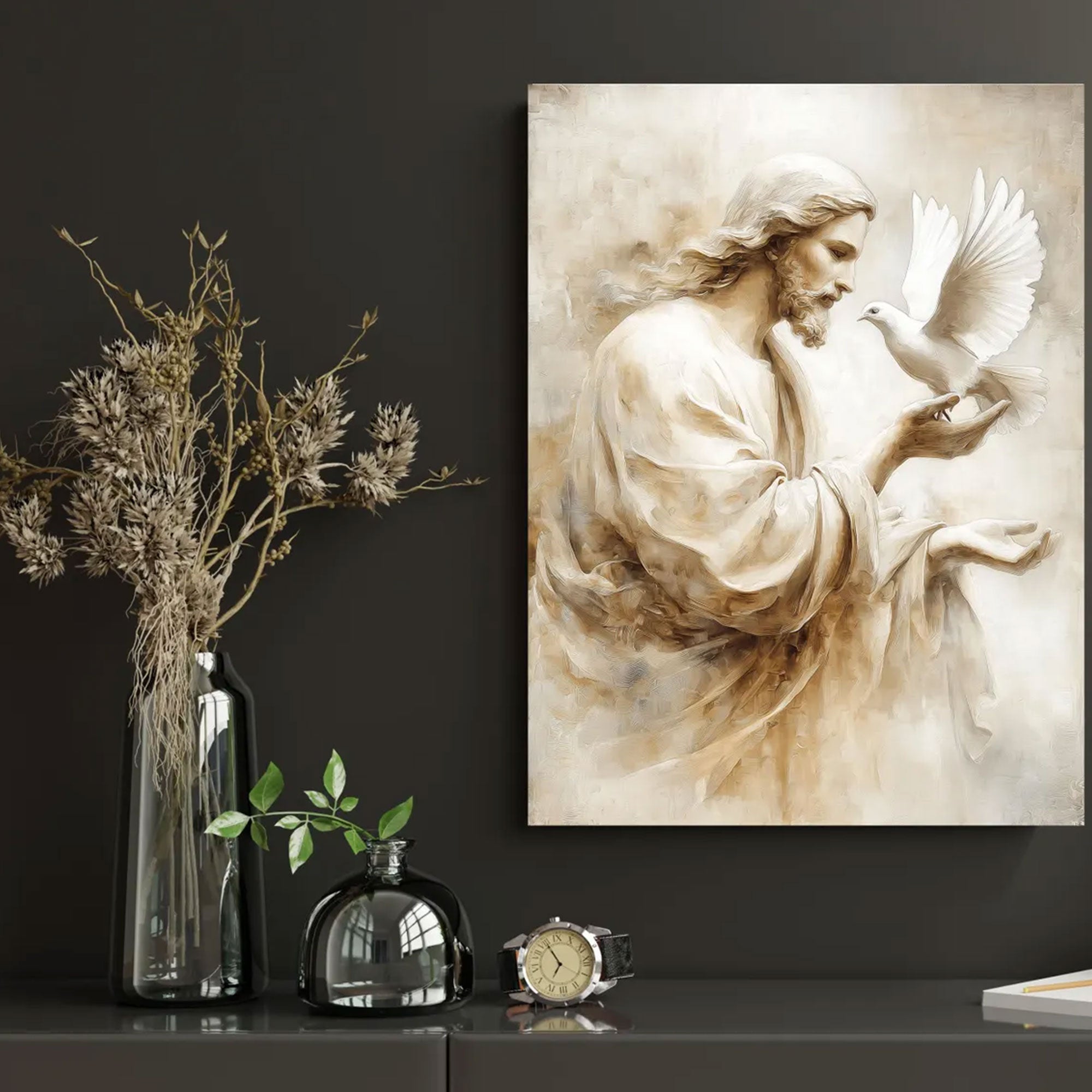 Jesus with Dove Canvas Wall Art, Holy Spirit Neutral Texture Painting, Christian Faith Home Decor