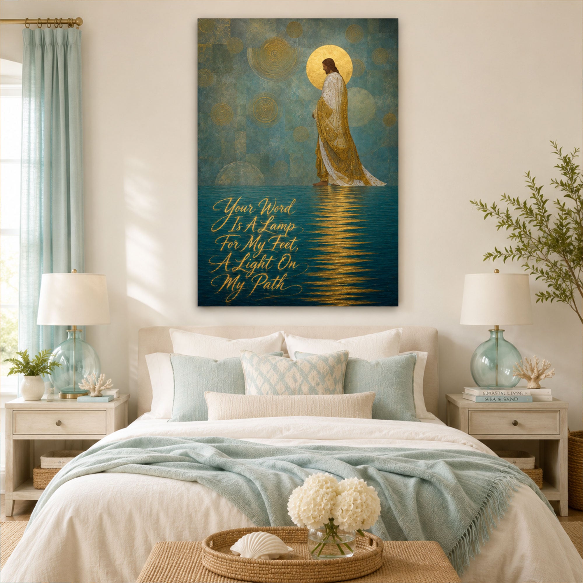 Your Word Is a Lamp for My Feet Canvas Print, Gustav Klimt Inspired Christian Wall Art, Golden Scripture Faith Decor