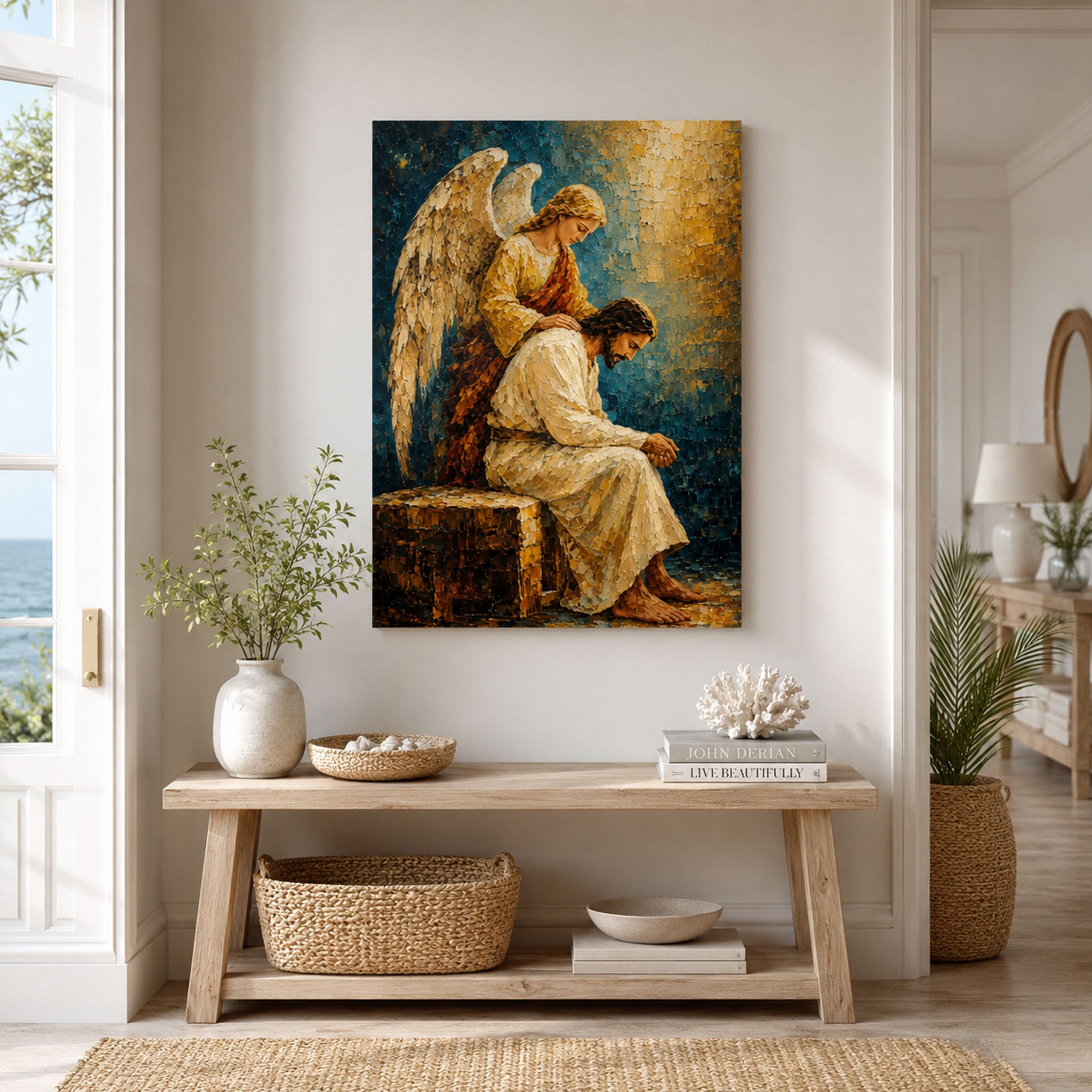Guardian Angel Comforting Jesus Canvas Print, Christian Angel Wall Art, Faith Home Decor Gift