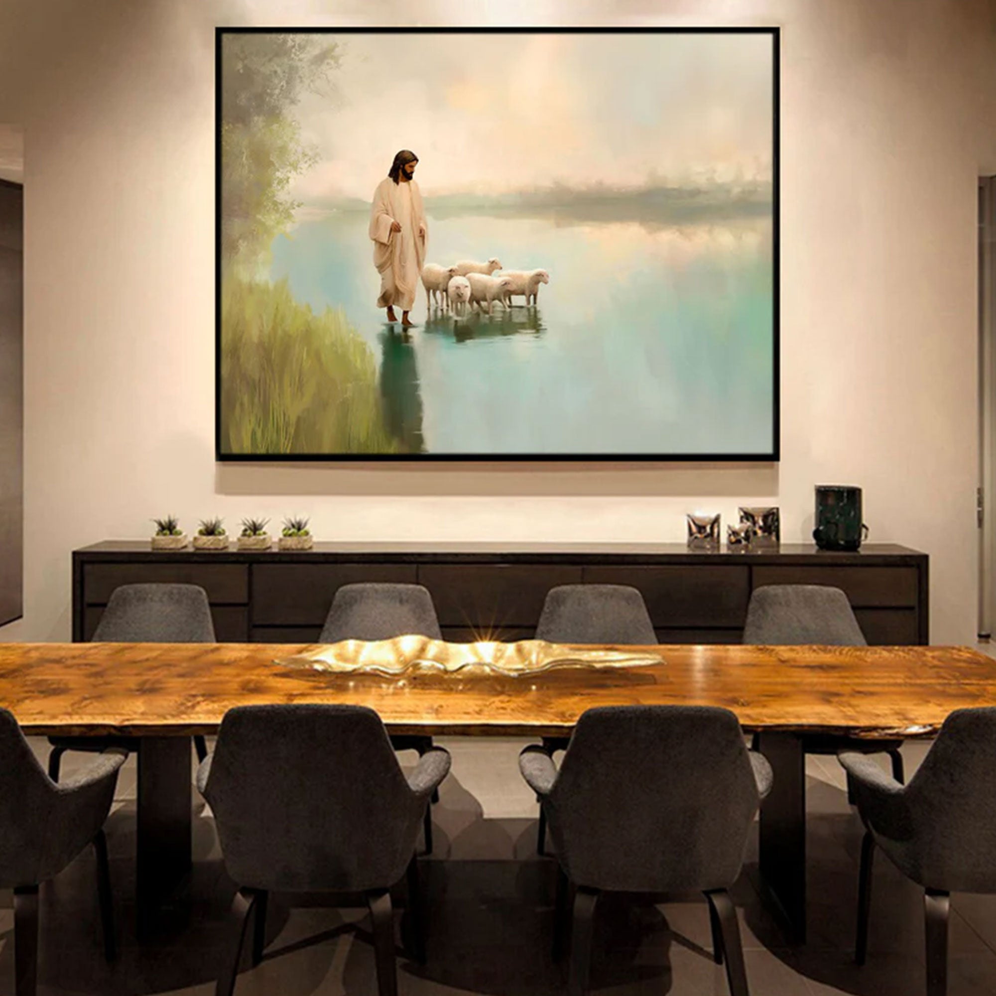 Jesus and the Flock Canvas Print, Minimalist Christian Wall Art, Inspirational Faith Decor, Good Shepherd Artwork