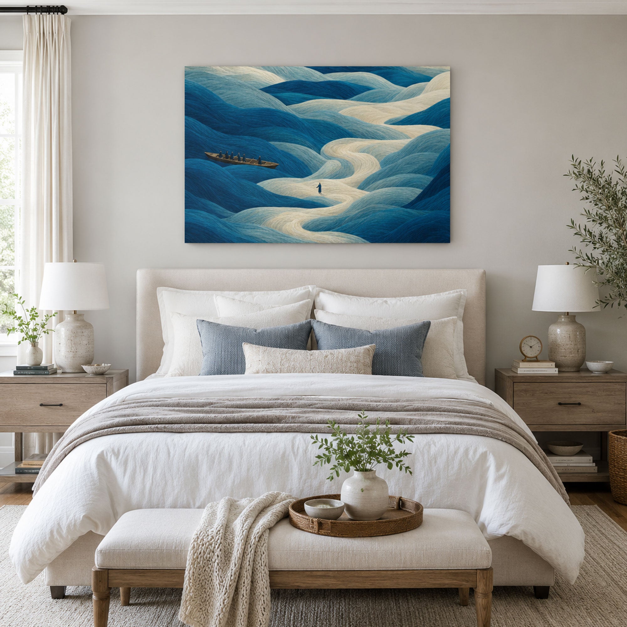Jesus Walking on Water Abstract Canvas Print, Blue Christian Faith Decor