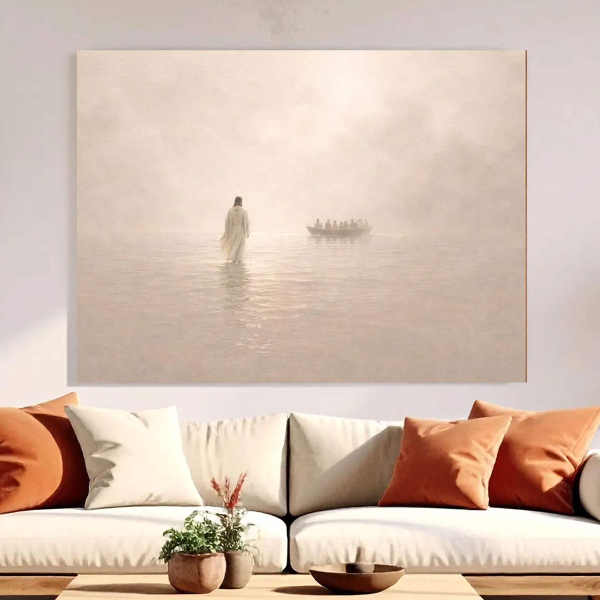 Jesus Walking on Water Large Canvas Print, Minimalist Christian Wall Art, Modern Neutral Faith Home Decor