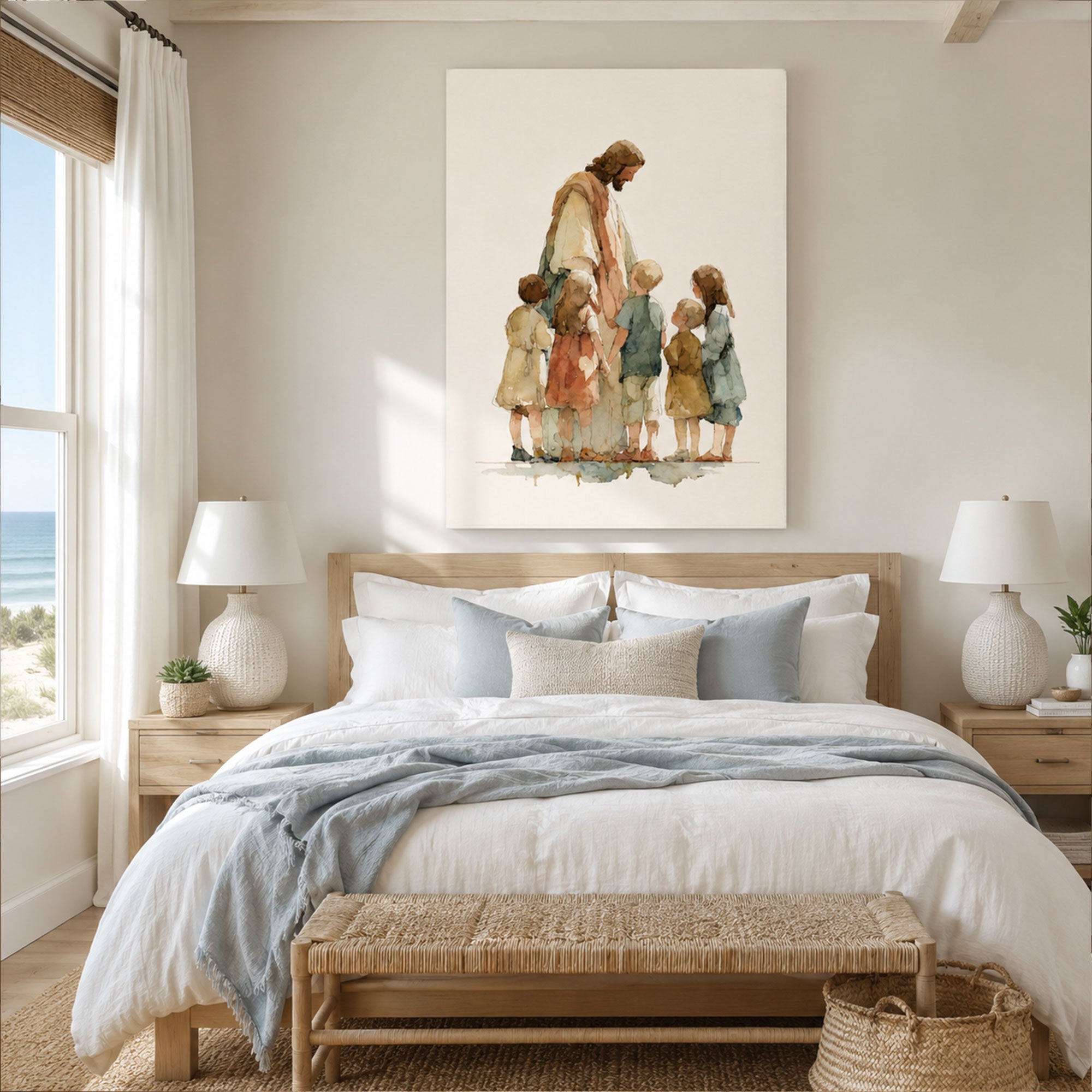 Jesus with Children Watercolor Canvas Print, Christian Nursery Wall Art, Peaceful Faith Home Decor