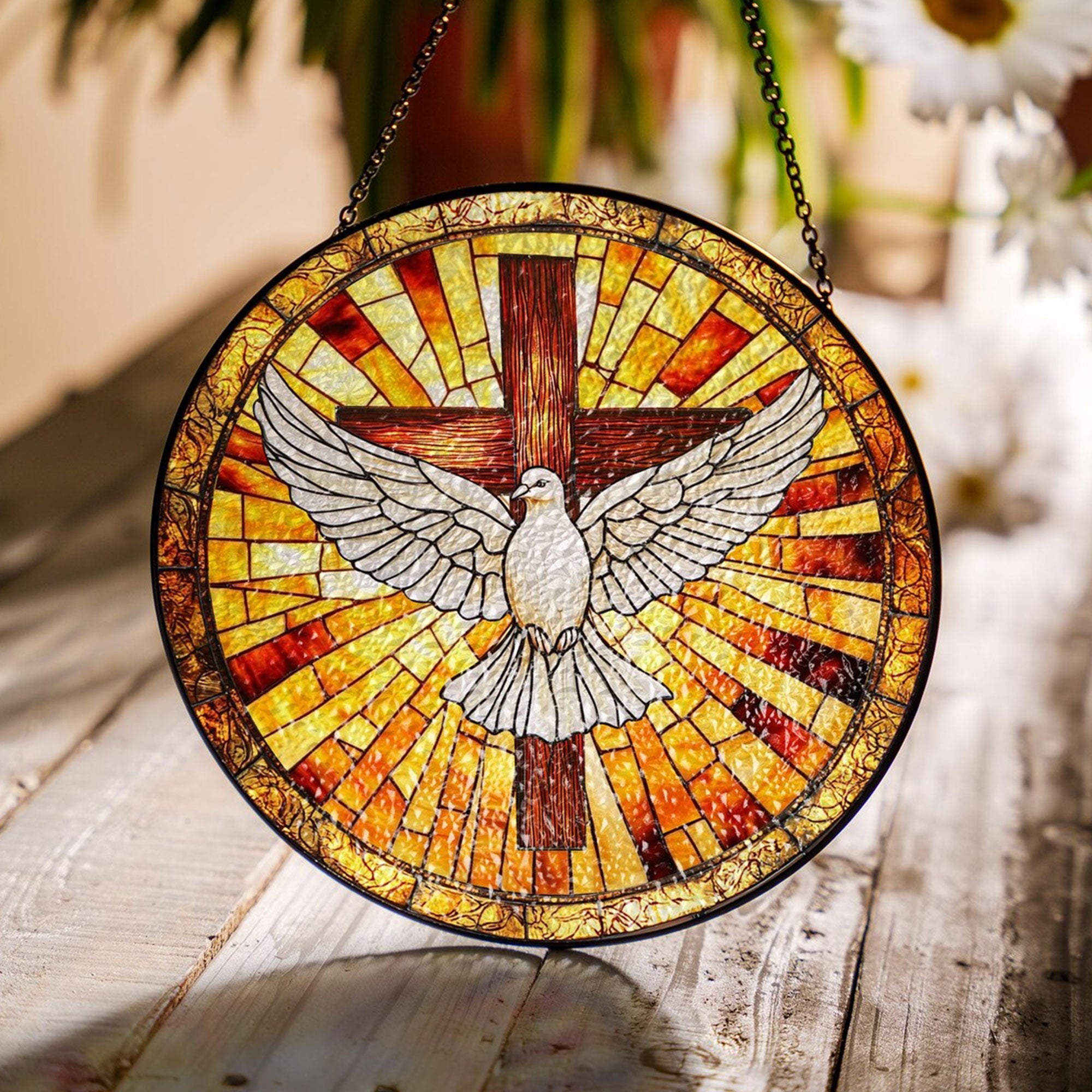 Cross and Dove Faux Glass Suncatcher, Holy Spirit Window Hanging, Christian Decor Gift