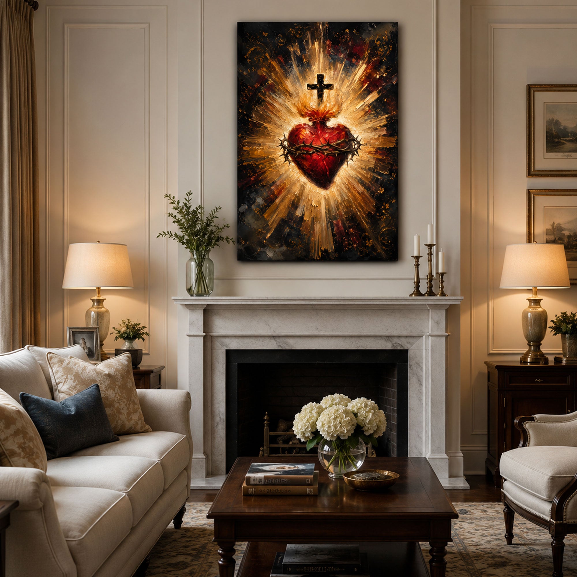 Sacred Heart of Jesus Canvas Print, Catholic Christian Wall Art, Flaming Heart with Crown of Thorns, Religious Home Decor Gift