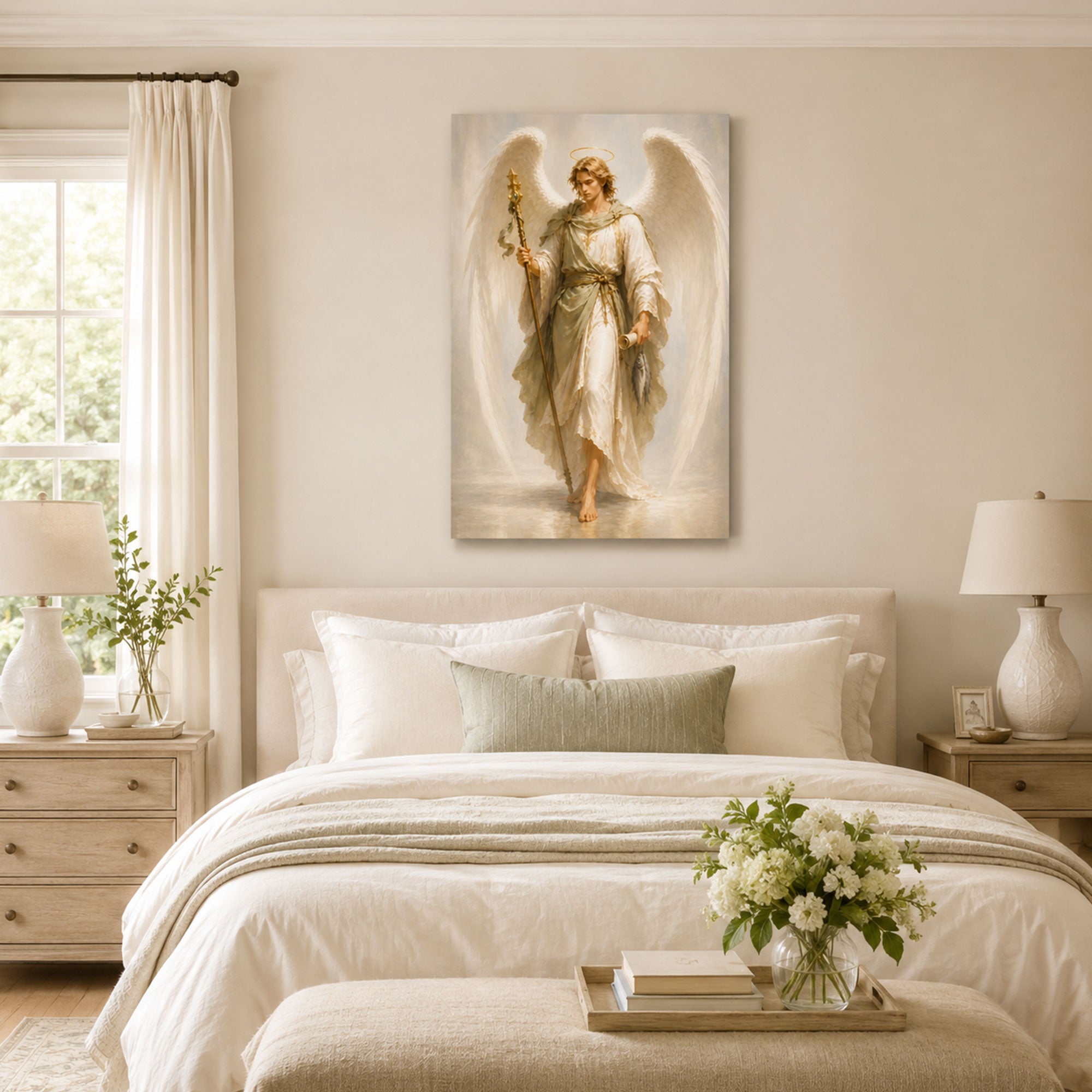 Saint Raphael Archangel Canvas Print, Catholic Healing Angel Wall Art, White and Gold Faith Home Decor Gift