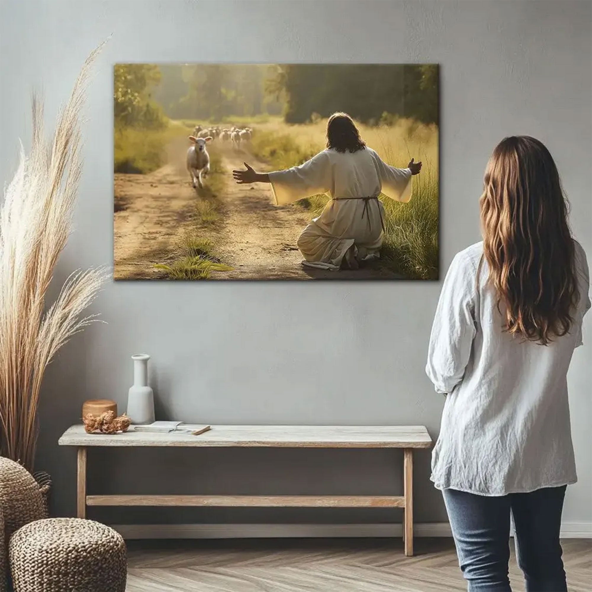 Lamb Runs to Jesus Canvas, Inspirational Christian Wall Art, Jesus and Lamb Religious Decor