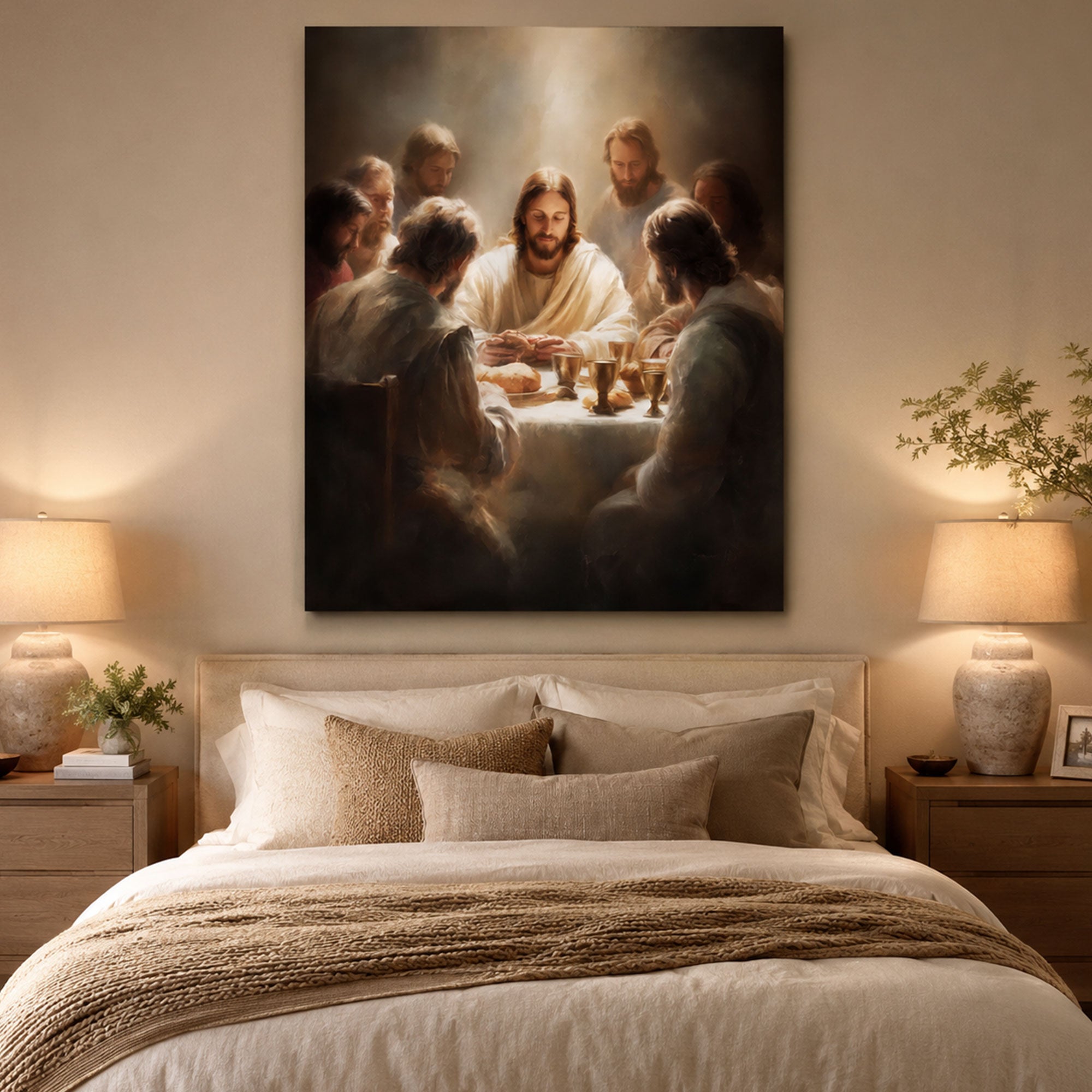 Last Supper Wall Art, Jesus Breaking Bread Canvas Print, Holy Communion Christian Faith Decor