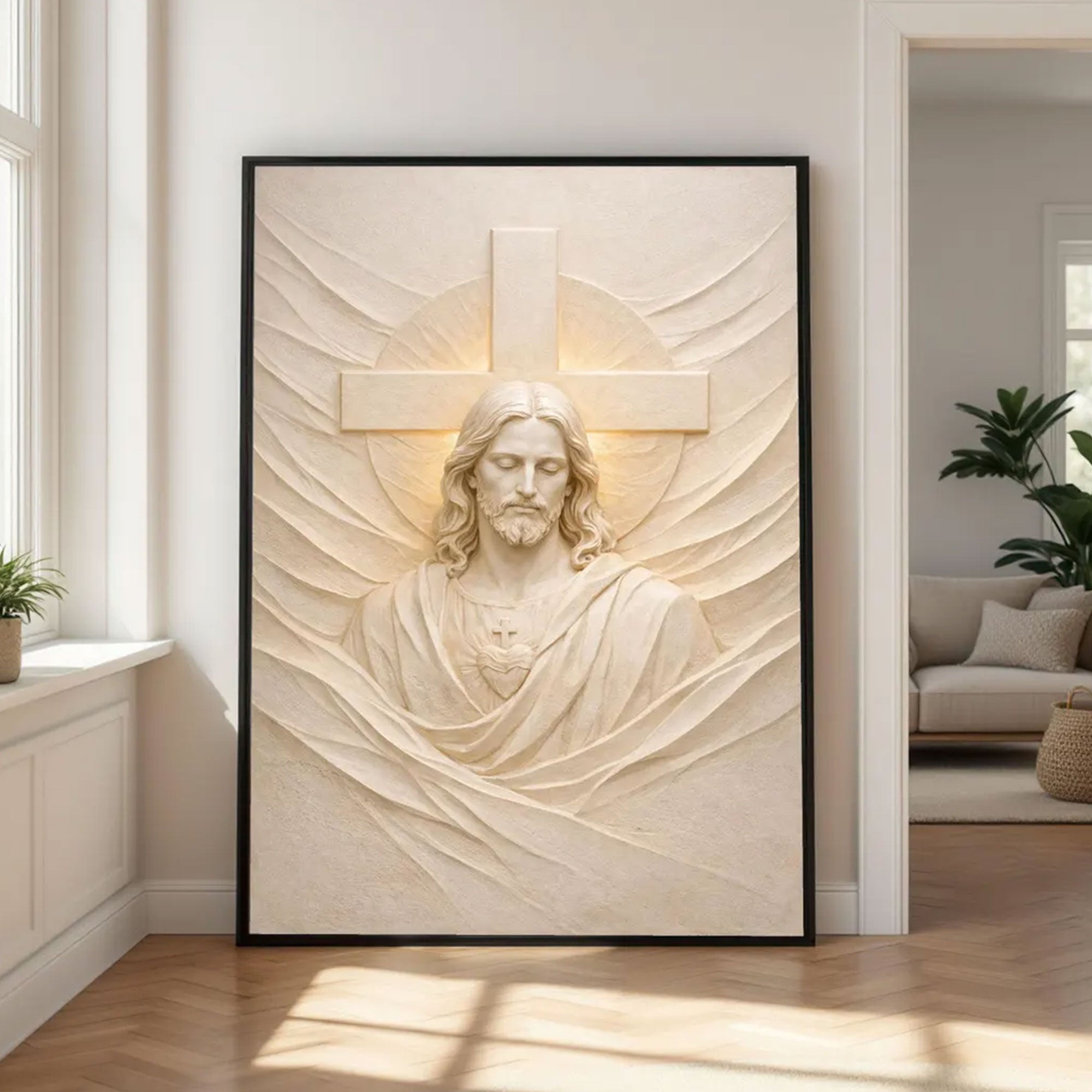 Sacred Heart of Jesus Canvas Wall Art, Christian Relief Sculpture, Catholic Religious Home Decor