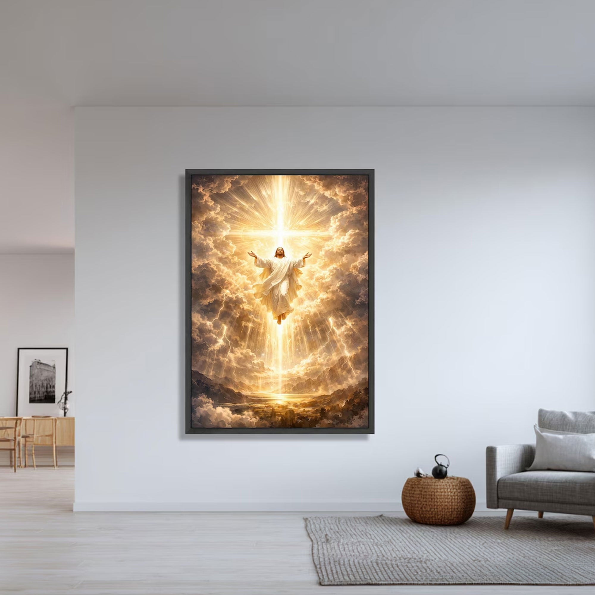 Radiant Jesus Ascending Canvas Print, Divine Light Cross Wall Art, Christian Spiritual Decor, Heavenly Glory Landscape