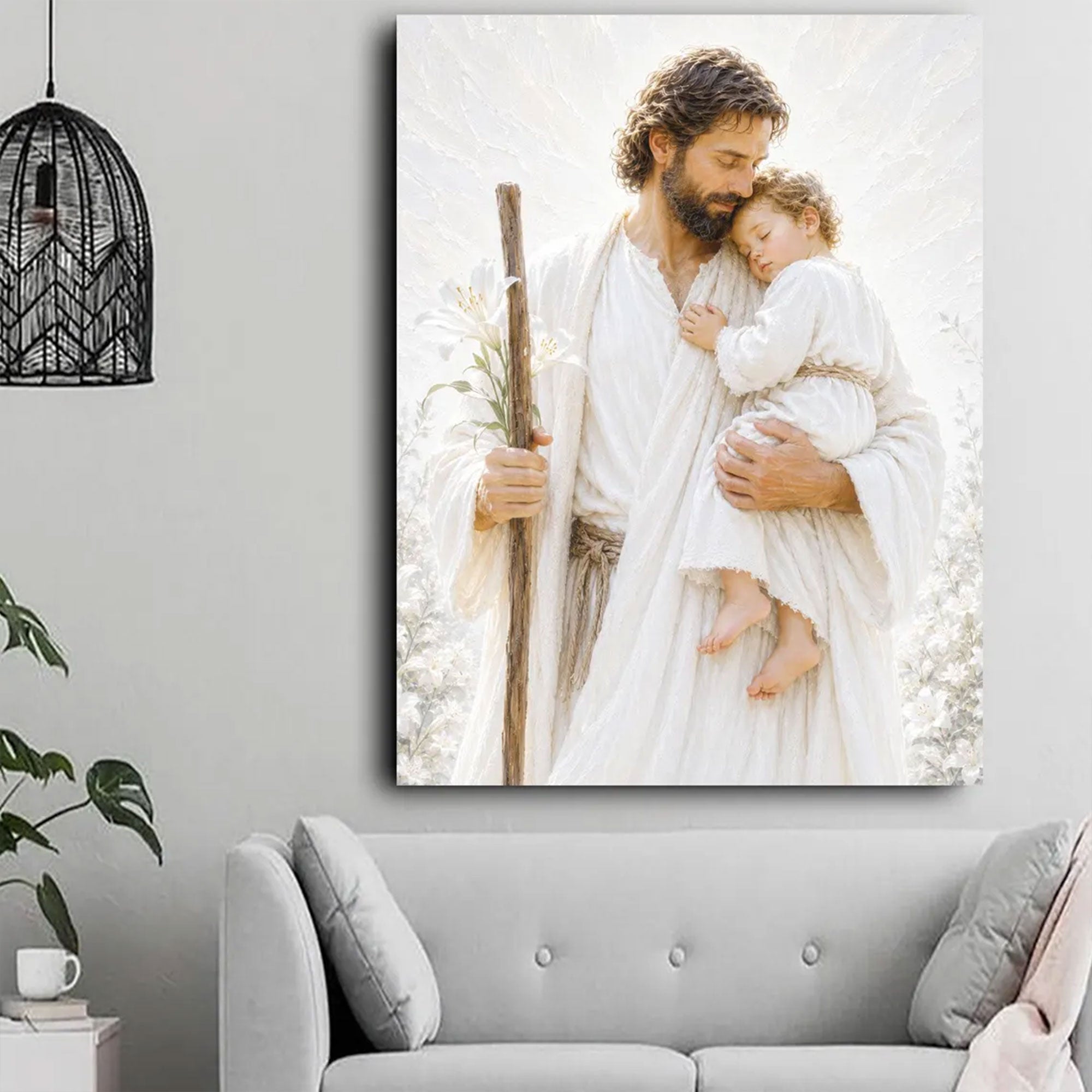 Saint Joseph Holding Baby Jesus Canvas Print, Christian Fatherly Love Wall Art, Peaceful Catholic Home Decor