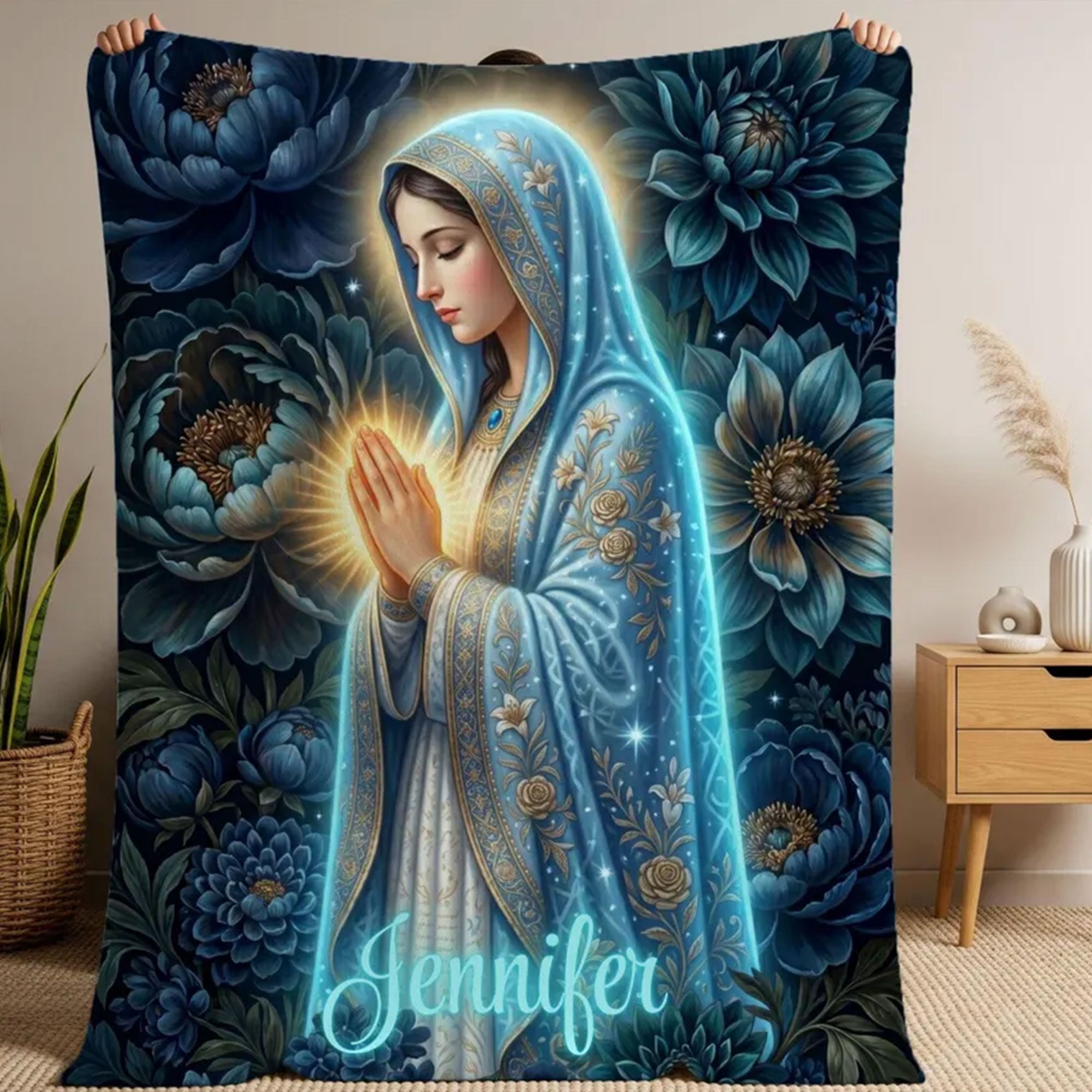 Personalized Virgin Mary Fleece Blanket, Catholic Prayer Throw, Blue Floral Christian Gift, Elegant Faith Decor for Mom or Grandma