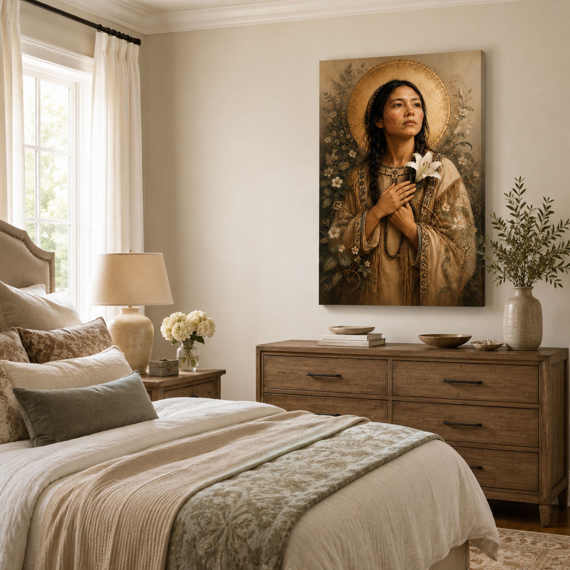 Saint Kateri Tekakwitha Canvas Print, Native American Catholic Saint Wall Art, Lily Flower Faith Home Decor Gift