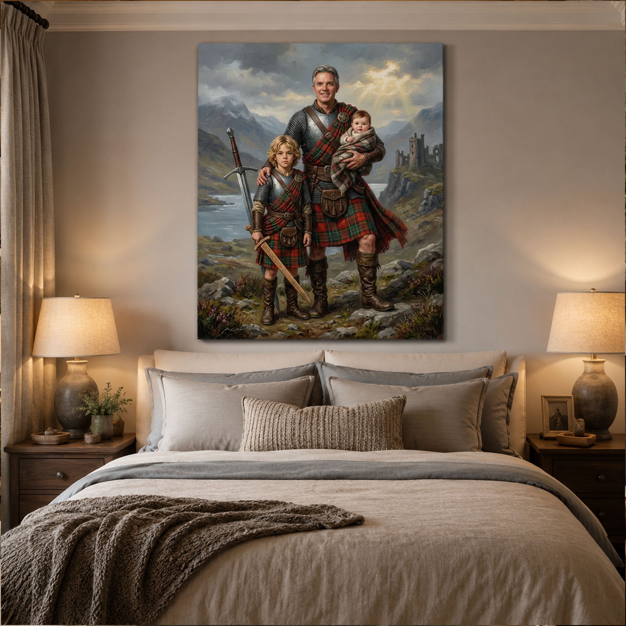 Personalized Highland Warrior Family Canvas Print, Custom Dad and Kids Scottish Portrait Wall Art