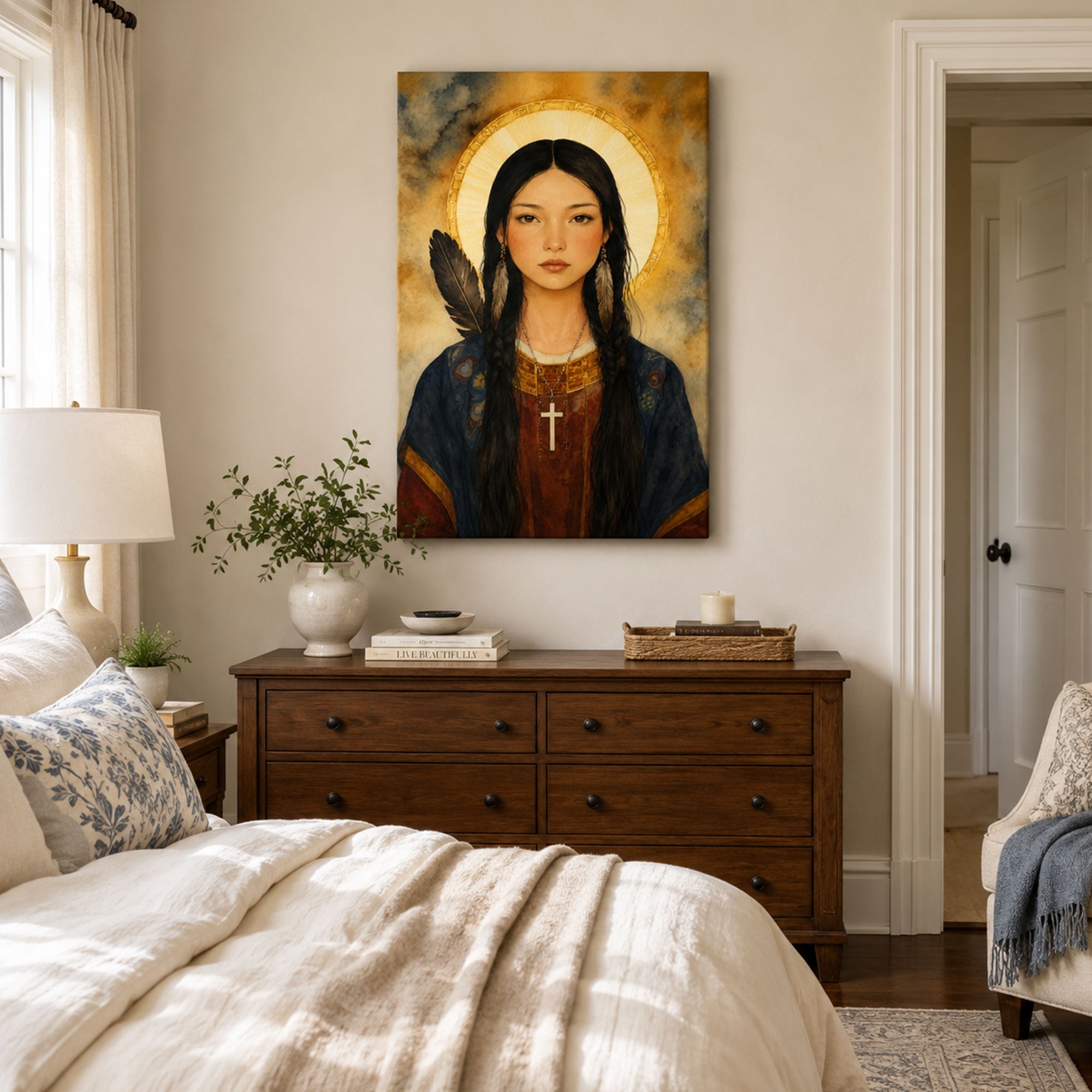 Saint Kateri Tekakwitha Canvas Print, Native American Catholic Saint Wall Art, Lily of the Mohawks Faith Home Decor Gift