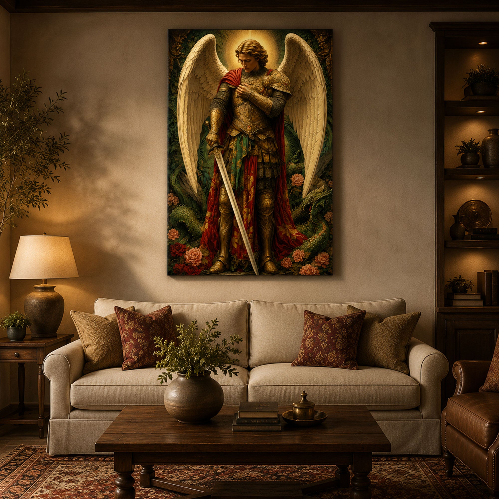 Saint Michael Archangel with Sword Canvas Print, Catholic Warrior Angel Wall Art, Faith Home Decor Gift