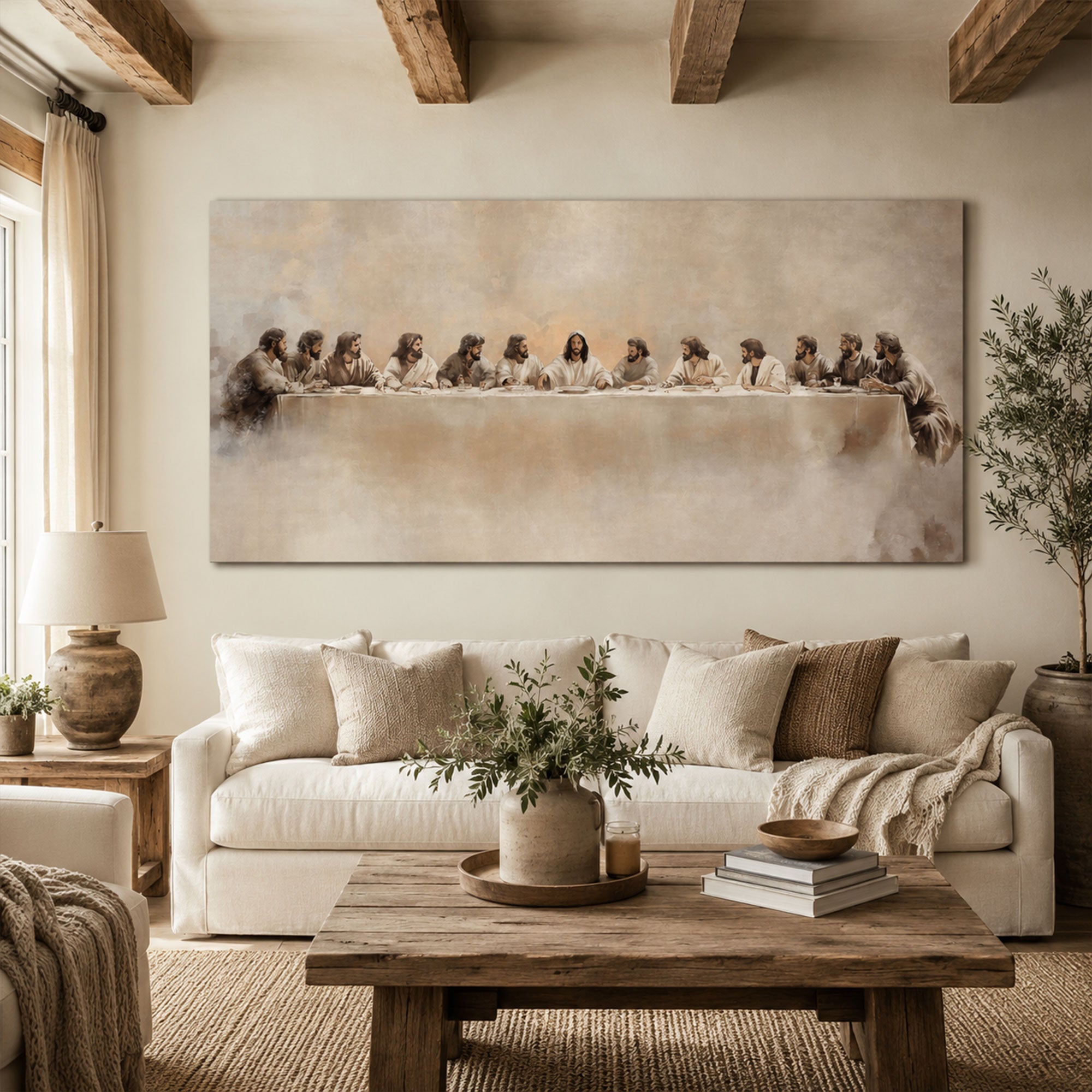 Neutral Last Supper Canvas Print Minimalist Jesus and Apostles Christian Wall Art Modern Faith Decor