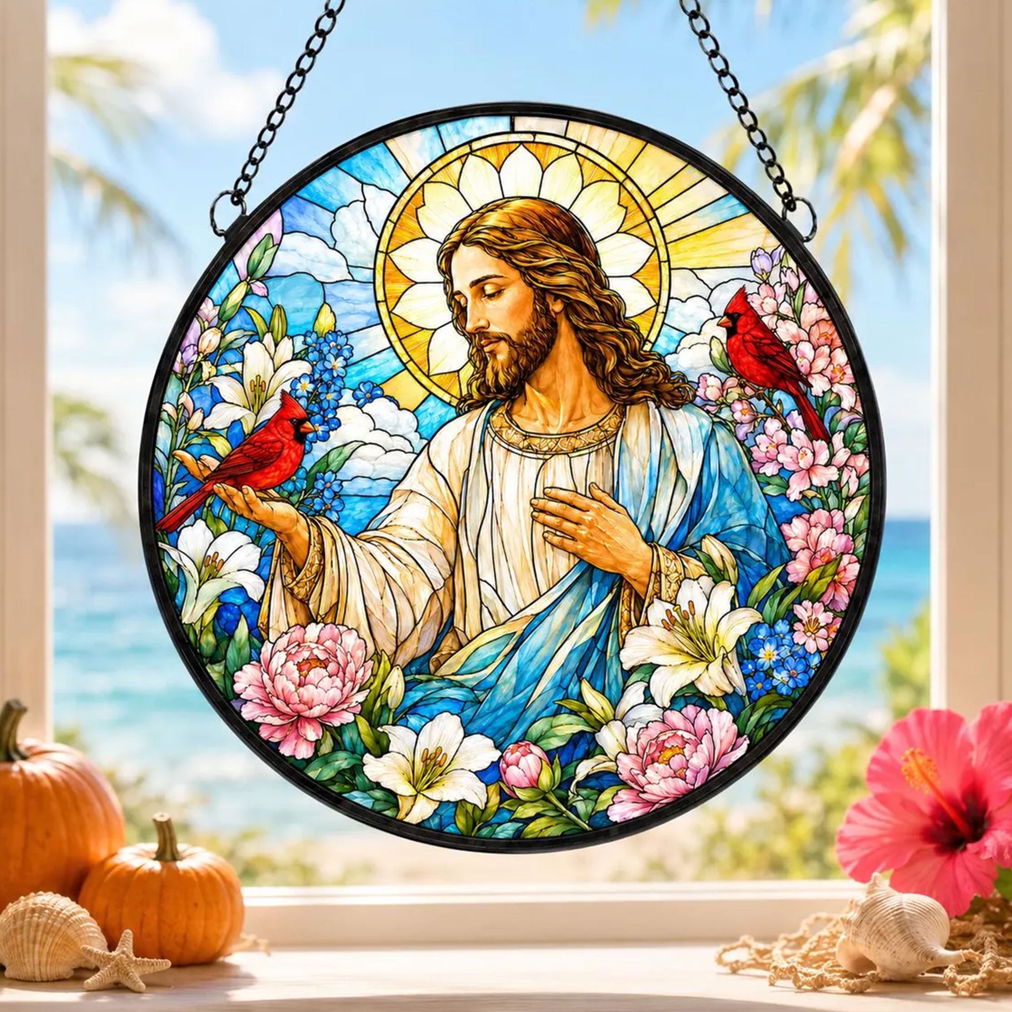 Jesus with Cardinals and Flowers Suncatcher, Christian Window Hanging, Faith Inspired Gift