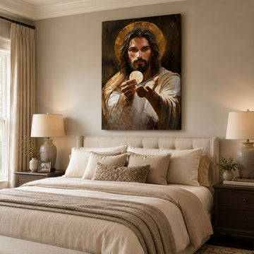 Jesus Christ with Eucharist Canvas Wall Art, Holy Communion Christian Decor, Sacred Faith Home Artwork