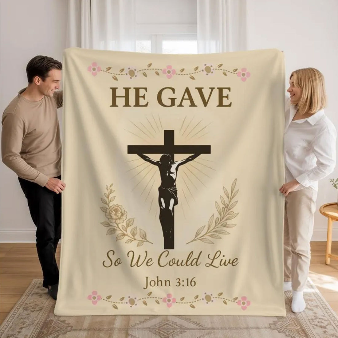 Christian Fleece Blanket, Jesus Crucifixion Throw, He Gave So We Could Live Scripture Blanket, Faith Gift for Mom, Grandma, Bible Verse Gift